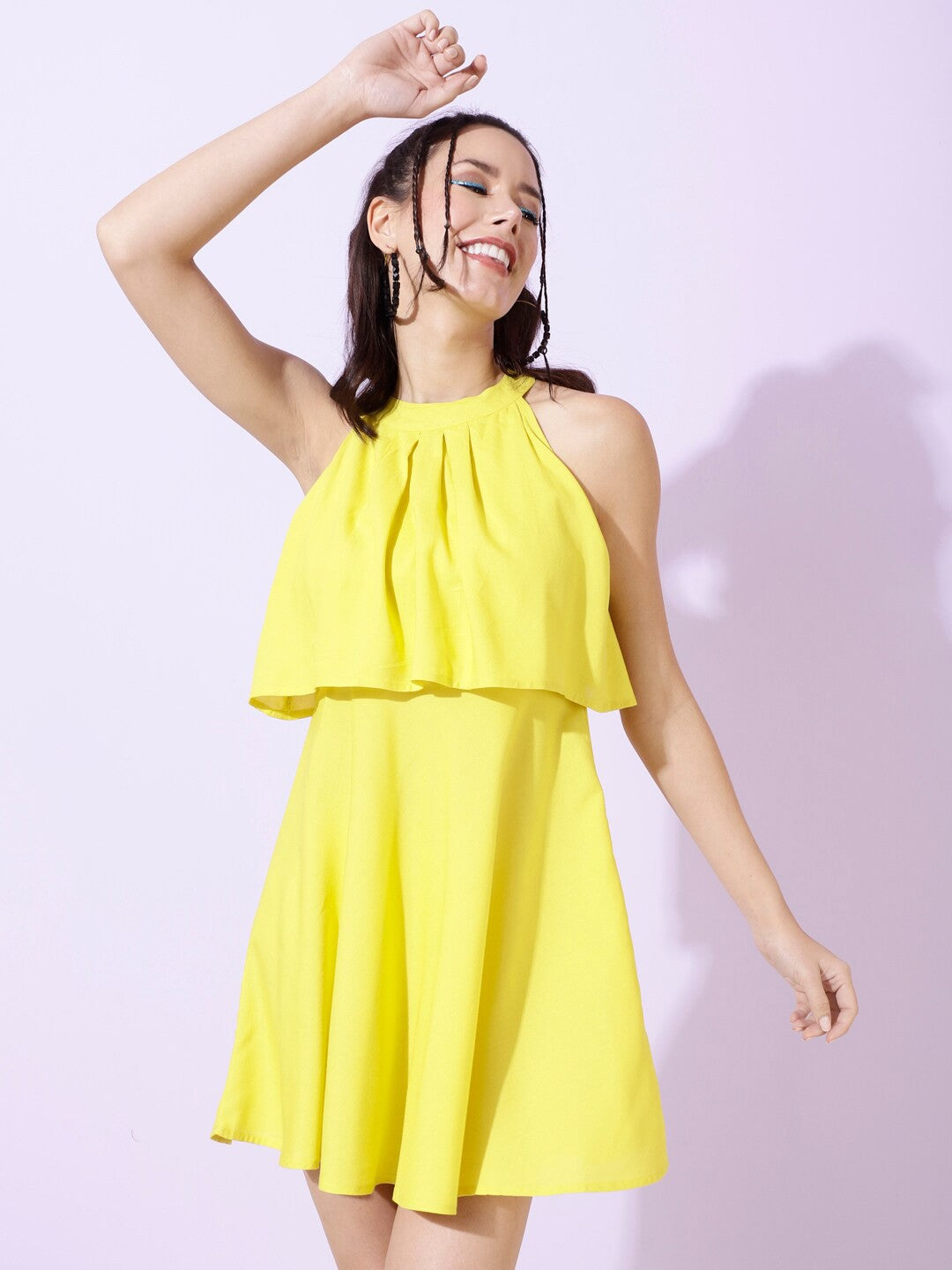 Yellow Solid Halter Neck Mini Dress