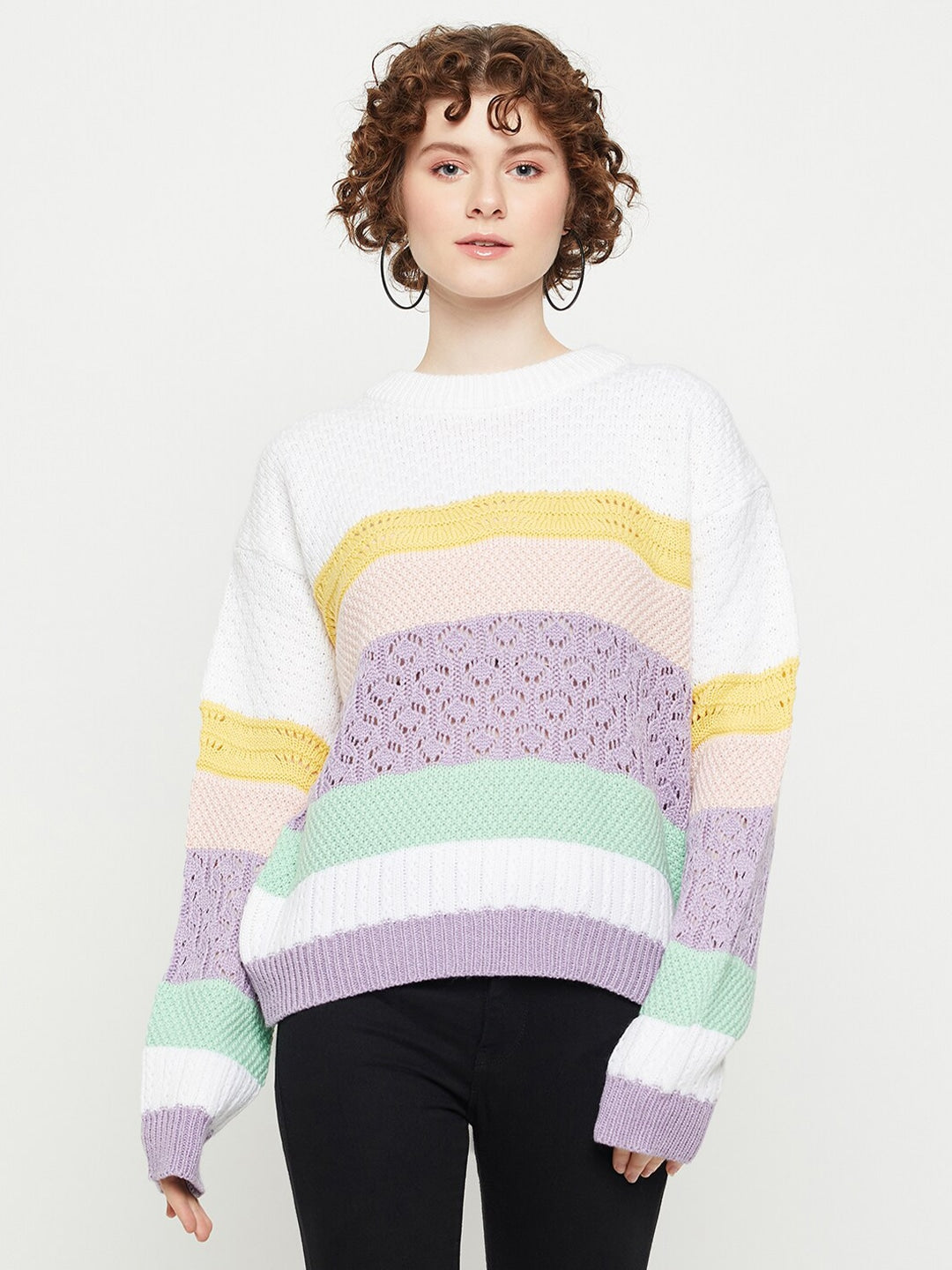 Women Round Neck Full Sleeves Open Knit Sweater