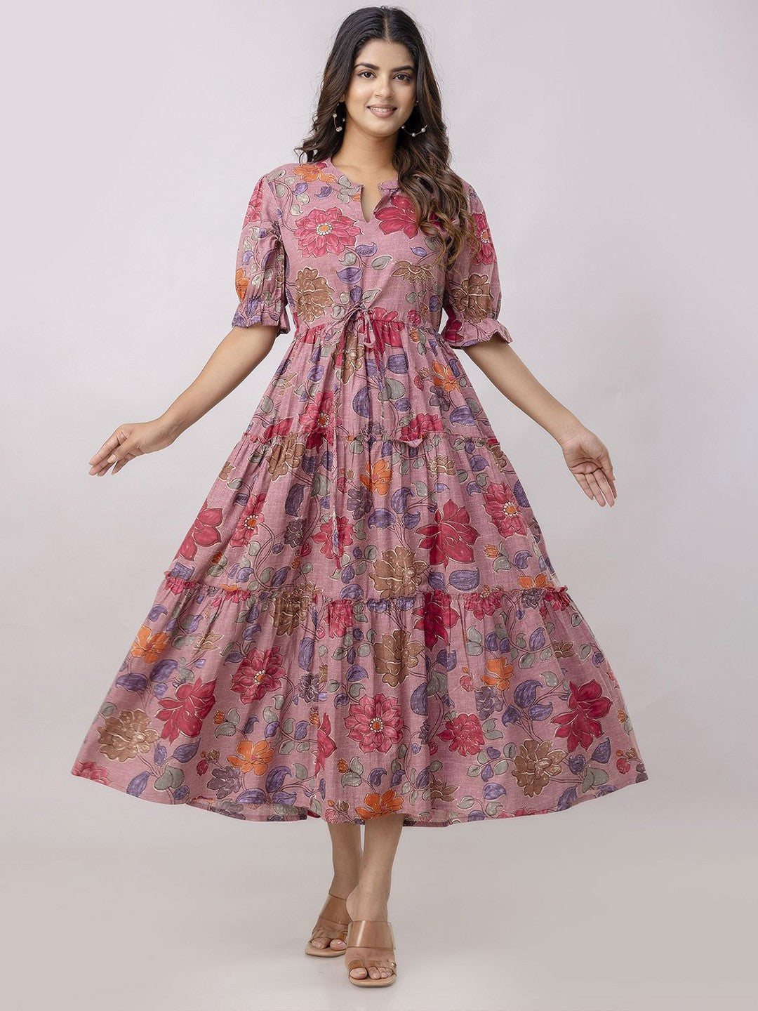 Pink Floral Fit and Flare Midi Dress