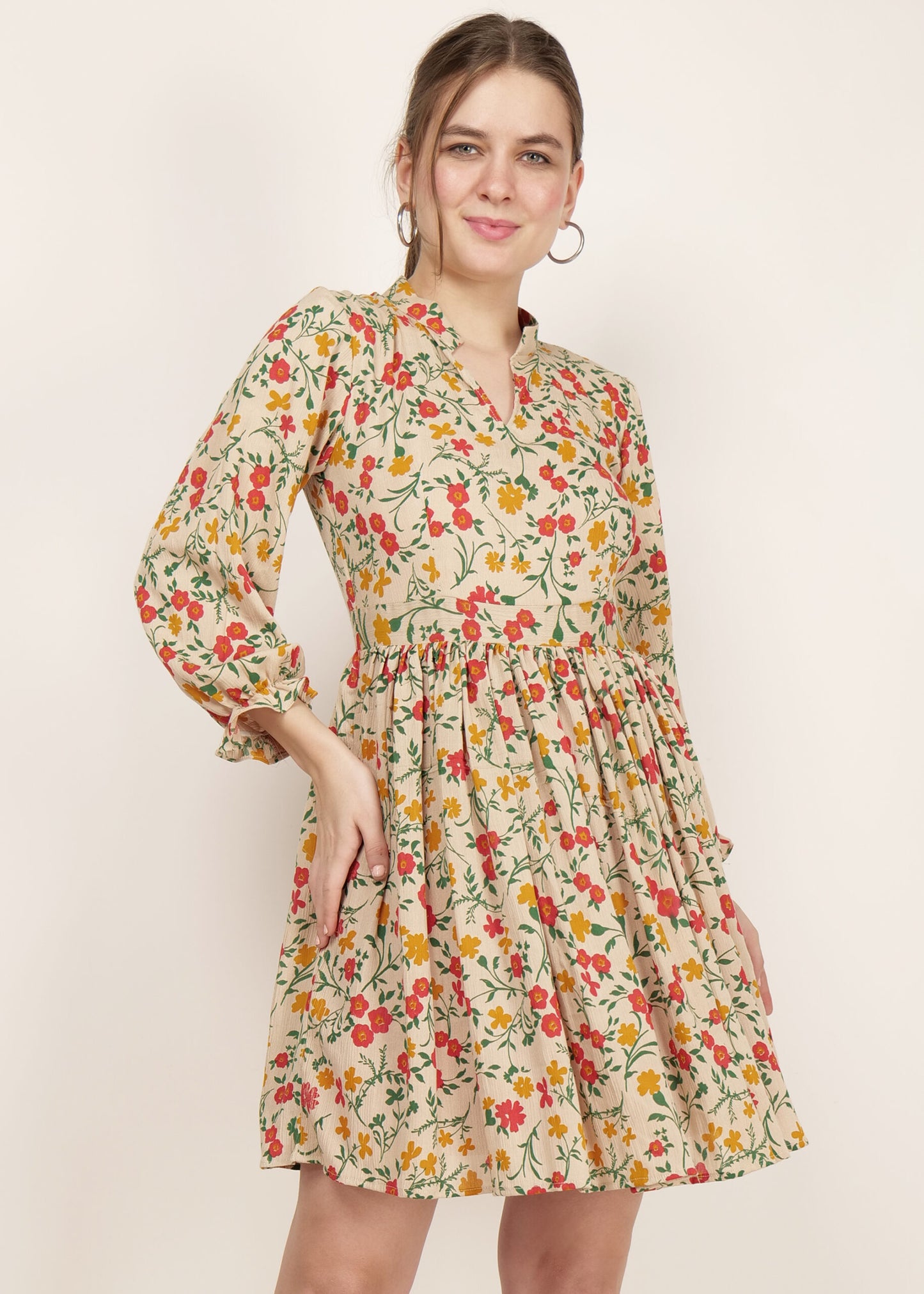 Beige Blossoms Short Collared Dress with Long Balloon Sleeves