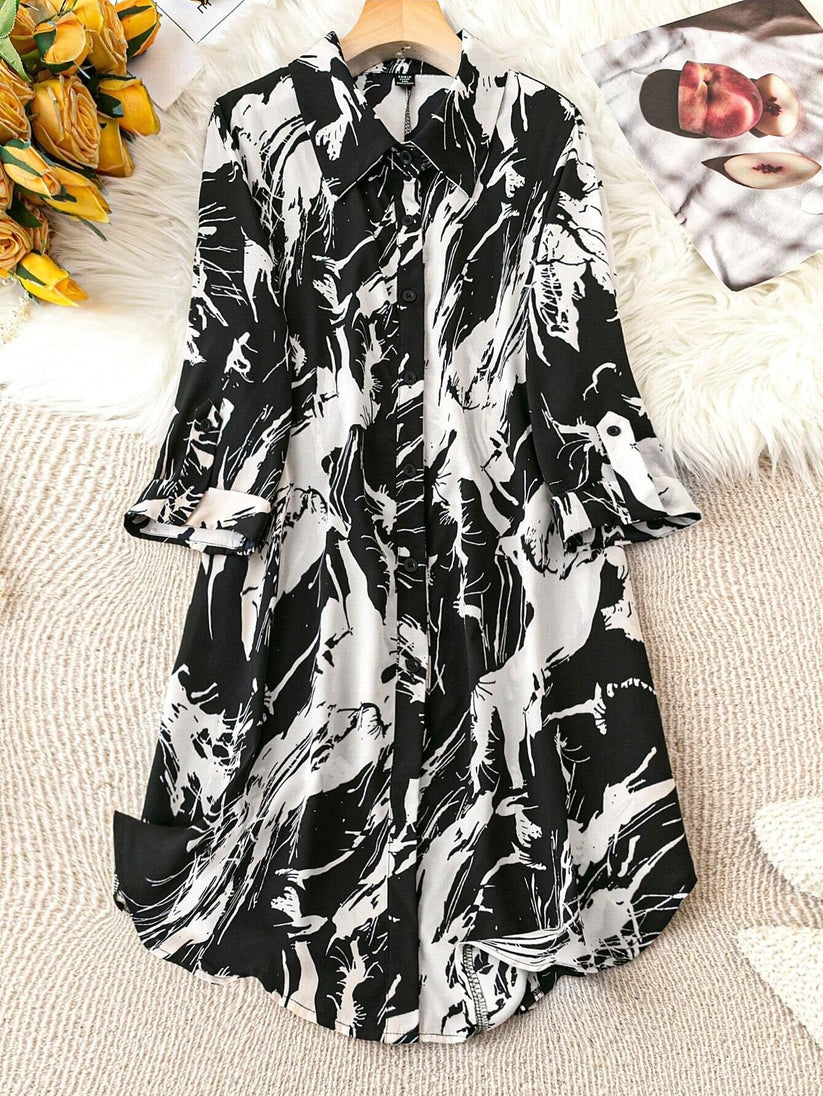 Monochrome Charm Graphic Print Shirt Dress