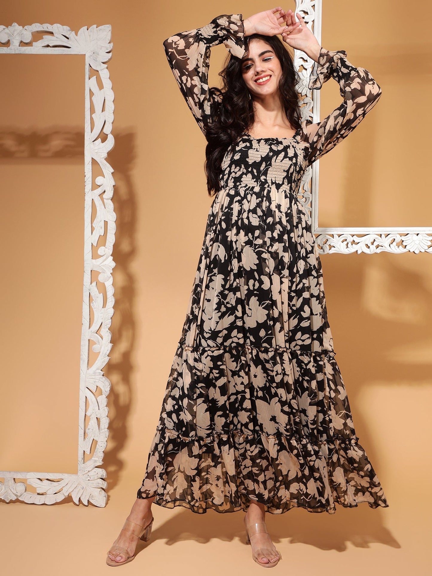 Midnight Garden Floral Chiffon Maxi Dress
