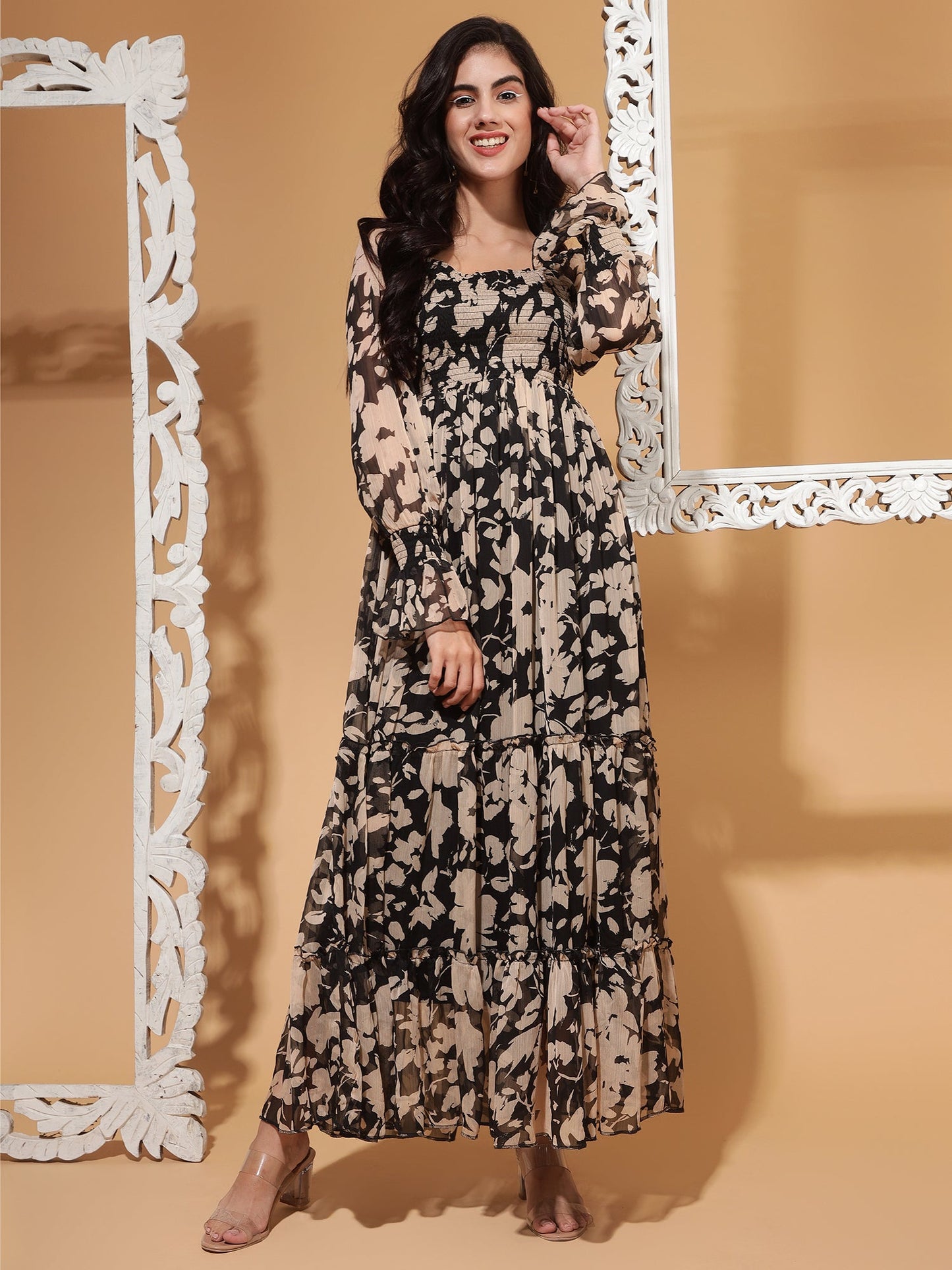 Midnight Garden Floral Chiffon Maxi Dress