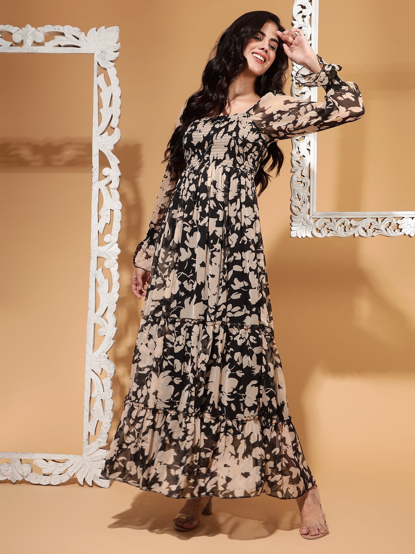 Midnight Garden Floral Chiffon Maxi Dress