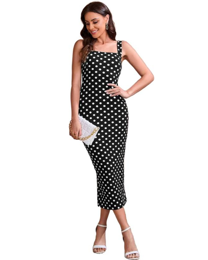 Square neck polka dot bodycon dress sales