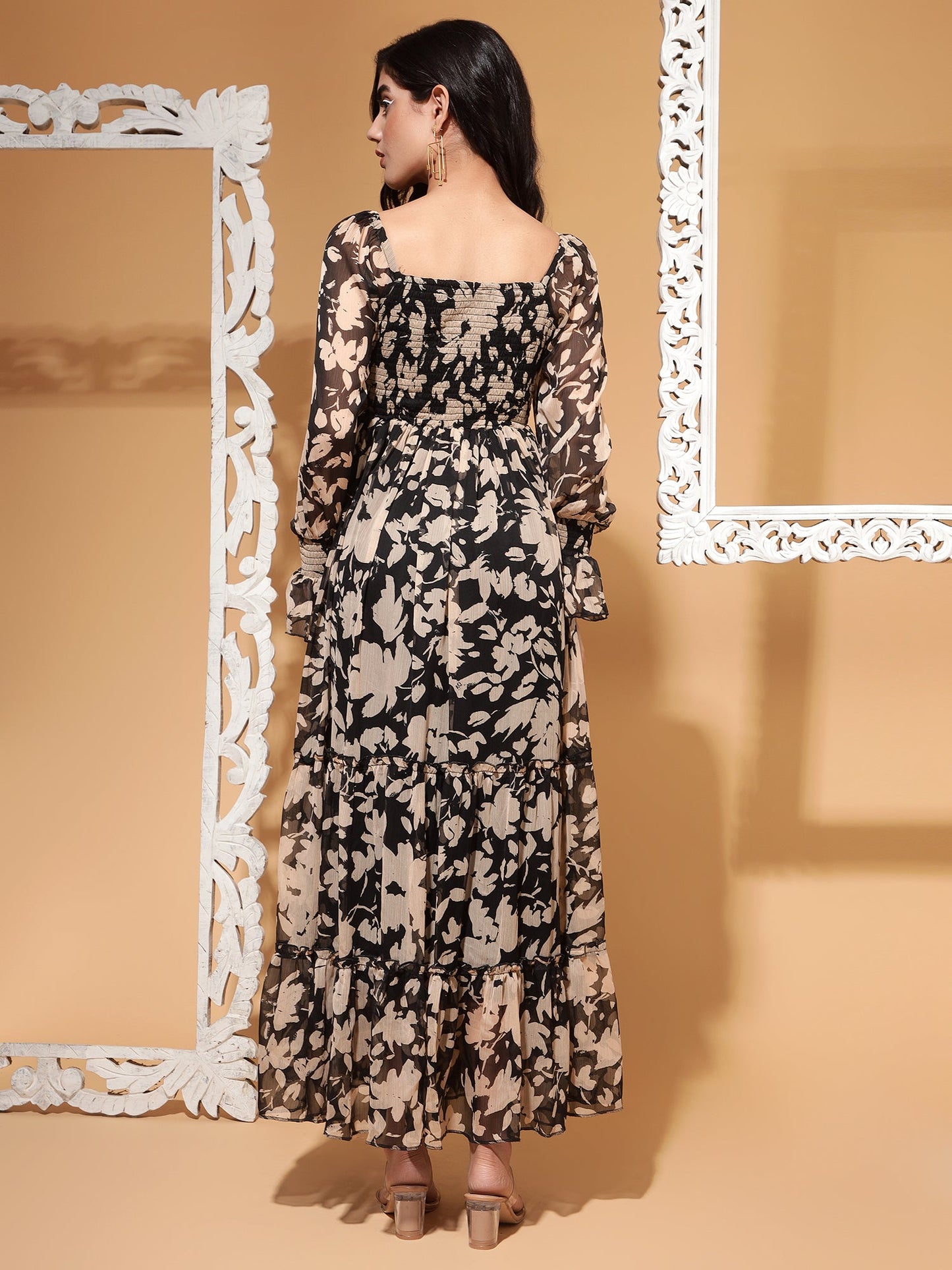 Midnight Garden Floral Chiffon Maxi Dress