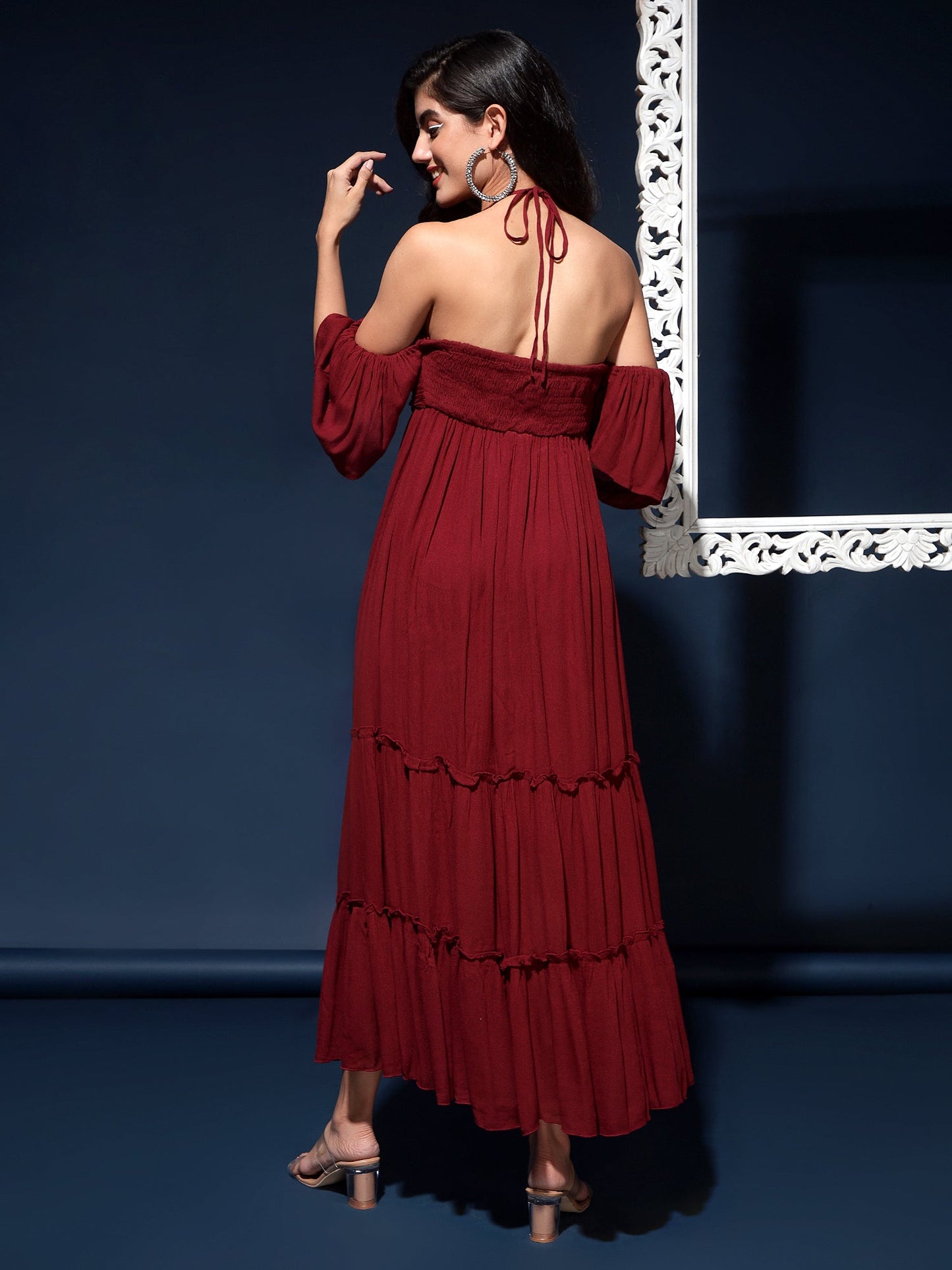 Maroon Crepe Maxi Casual Fit Dress