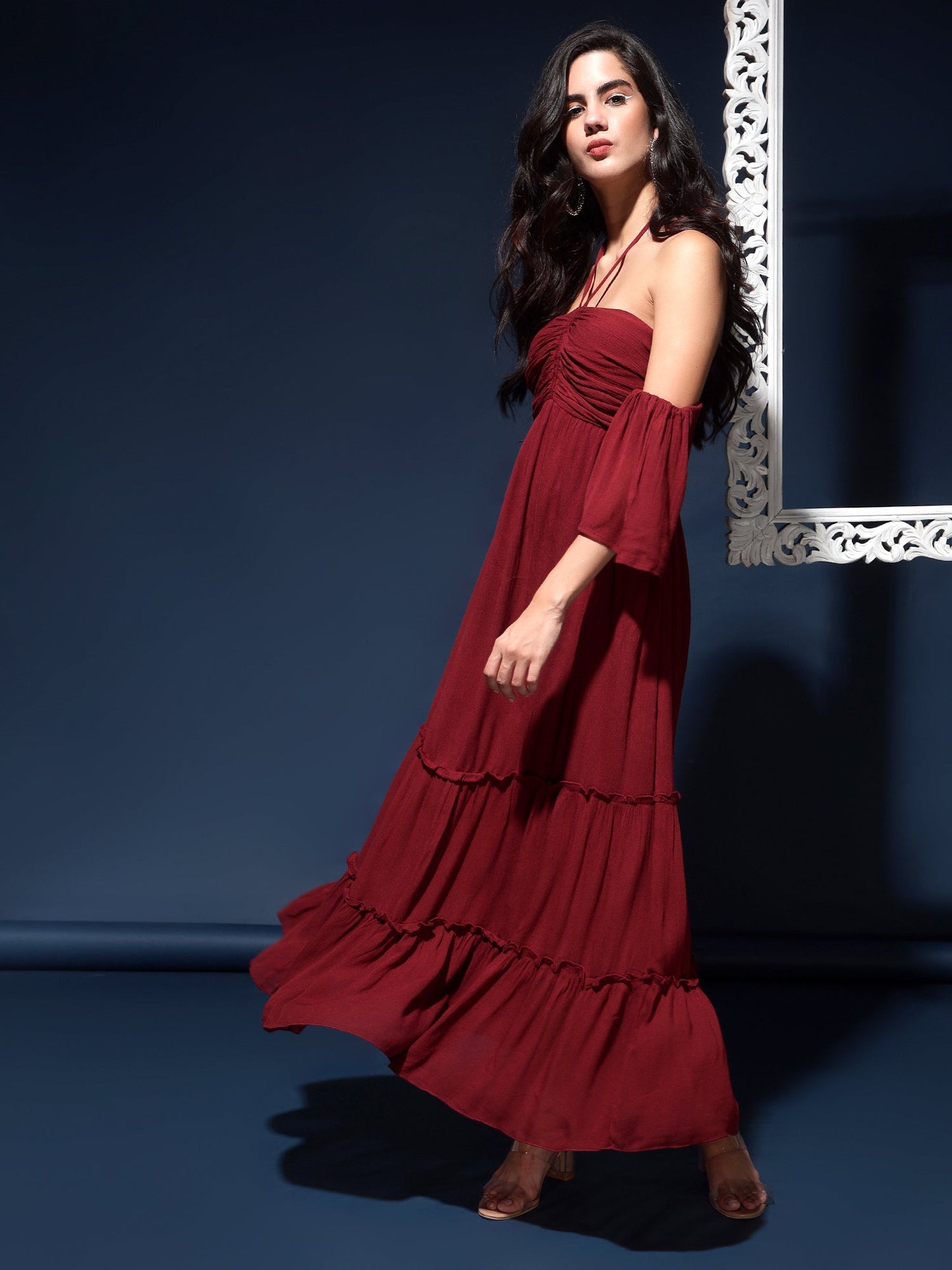 Maroon Crepe Maxi Casual Fit Dress
