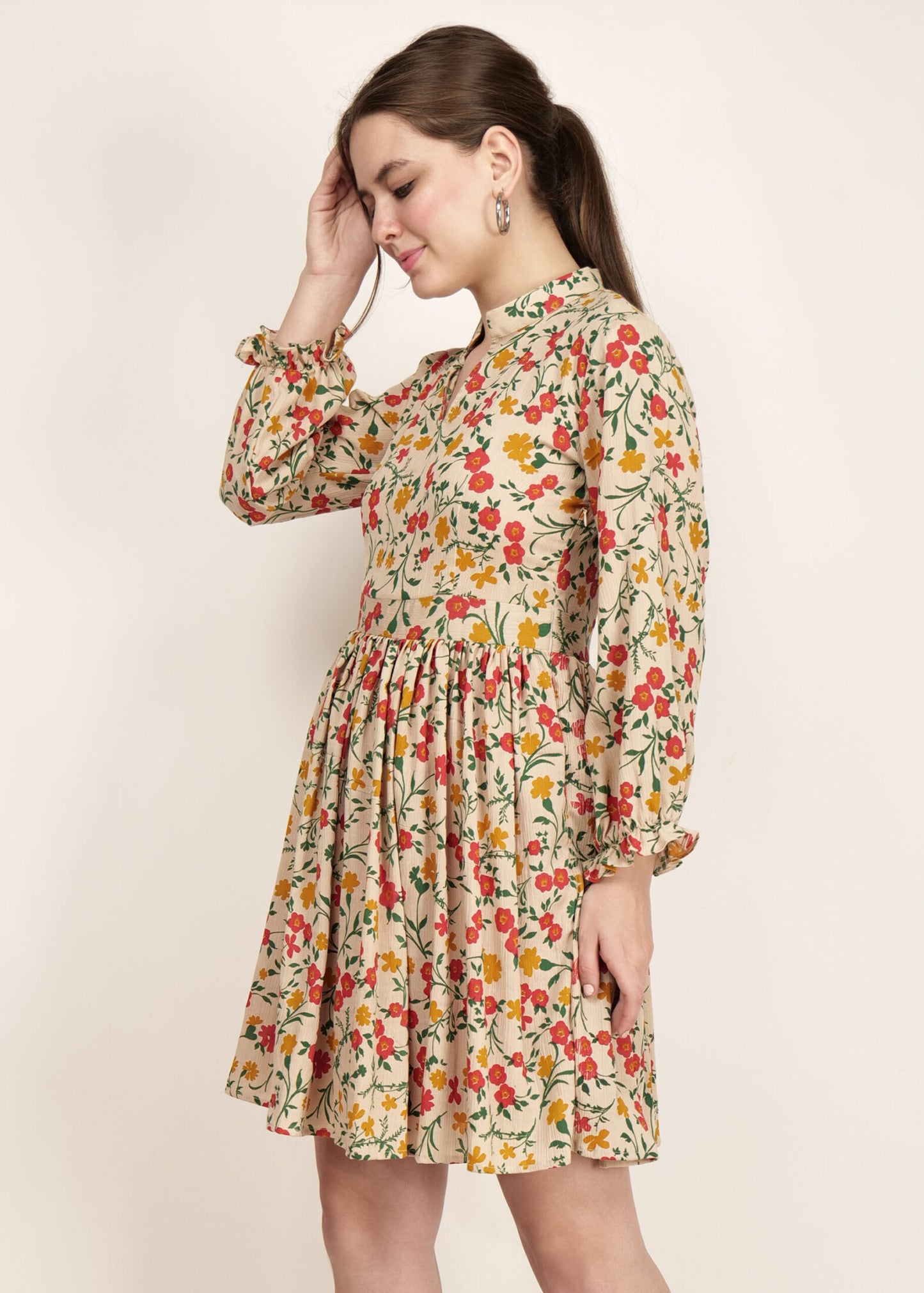 Beige Blossoms Short Collared Dress with Long Balloon Sleeves