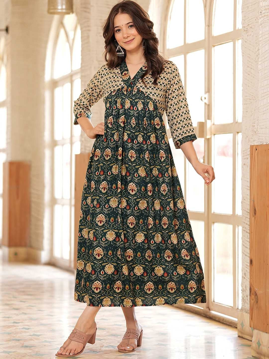 Green Zari Design Floral Dress