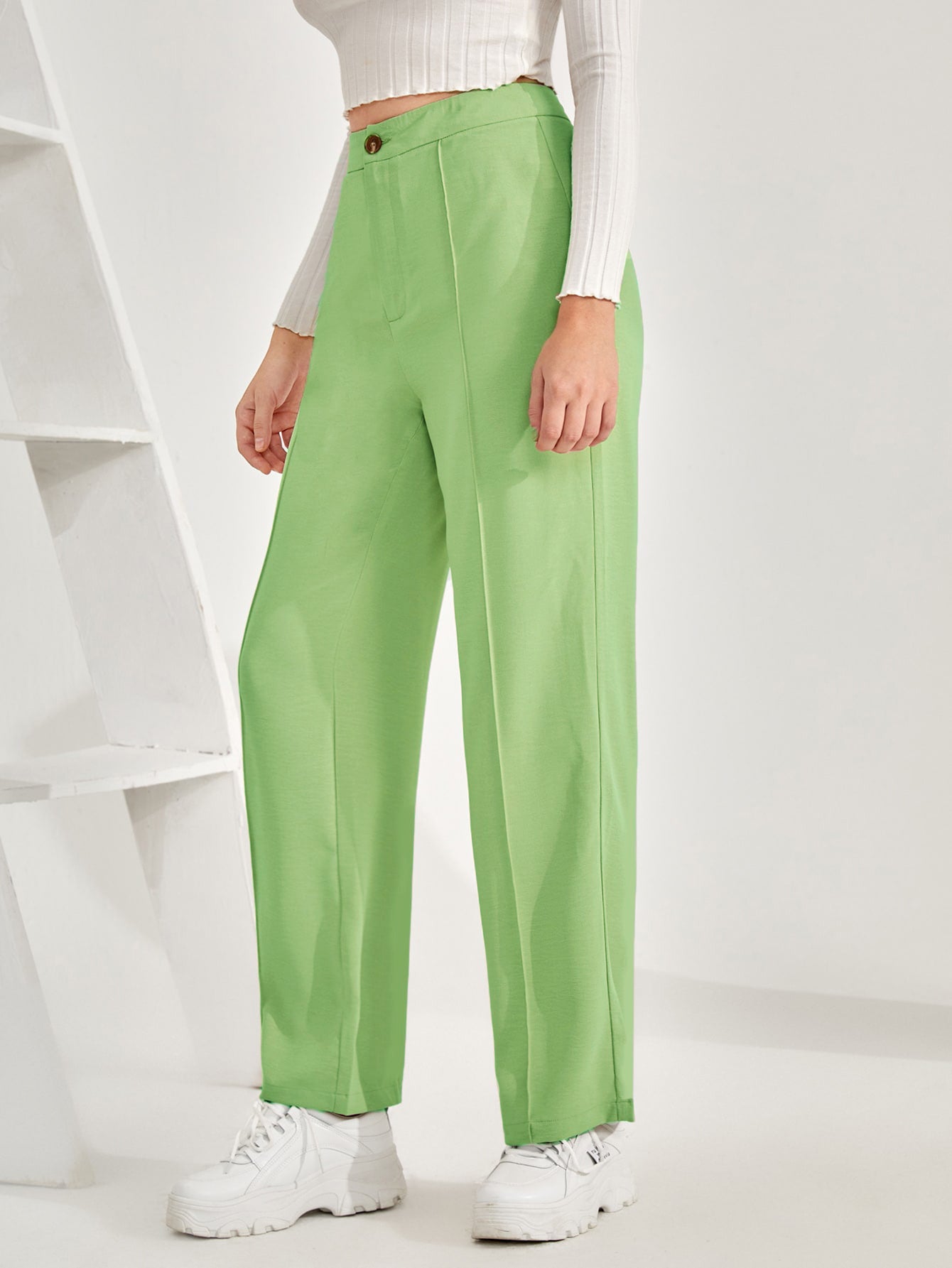 Pista Green High Rise Textured Trousers