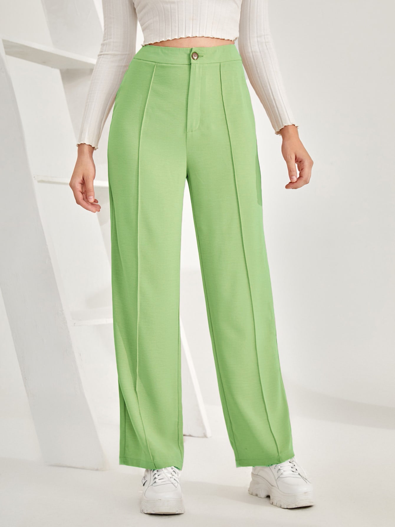 Pista Green High Rise Textured Trousers