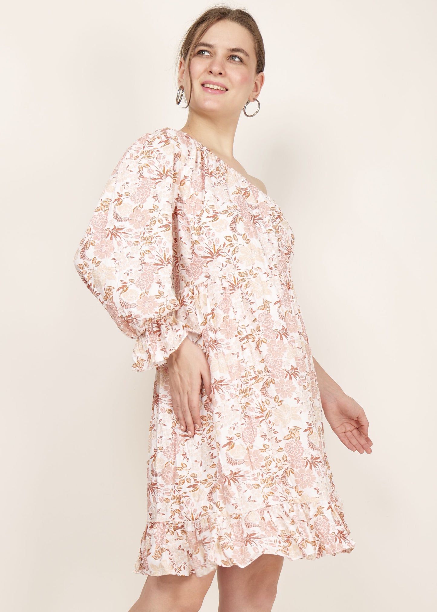 Ivory Breeze One-Shoulder Short Dress with Long Balloon Sleeves