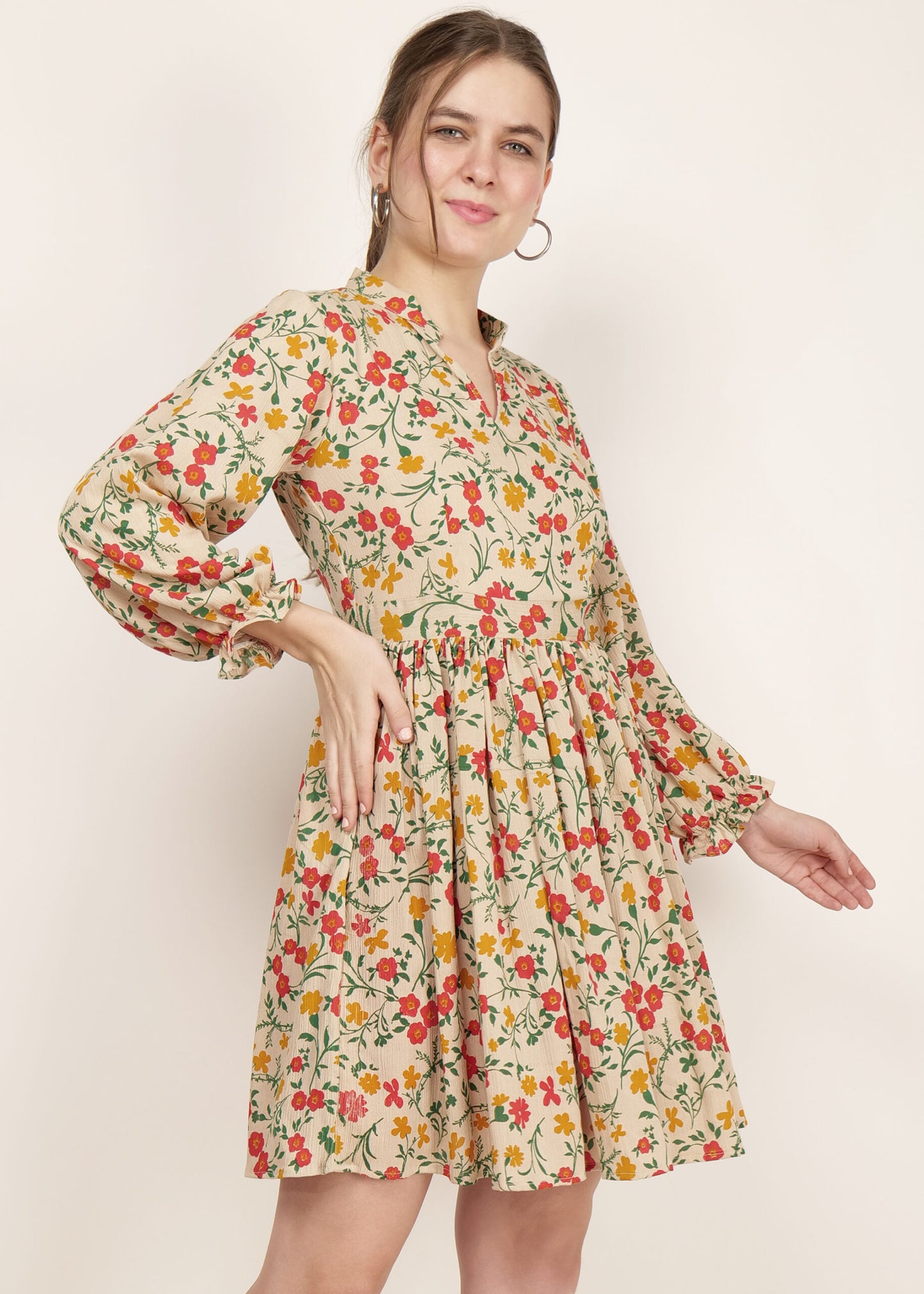 Beige Blossoms Short Collared Dress with Long Balloon Sleeves