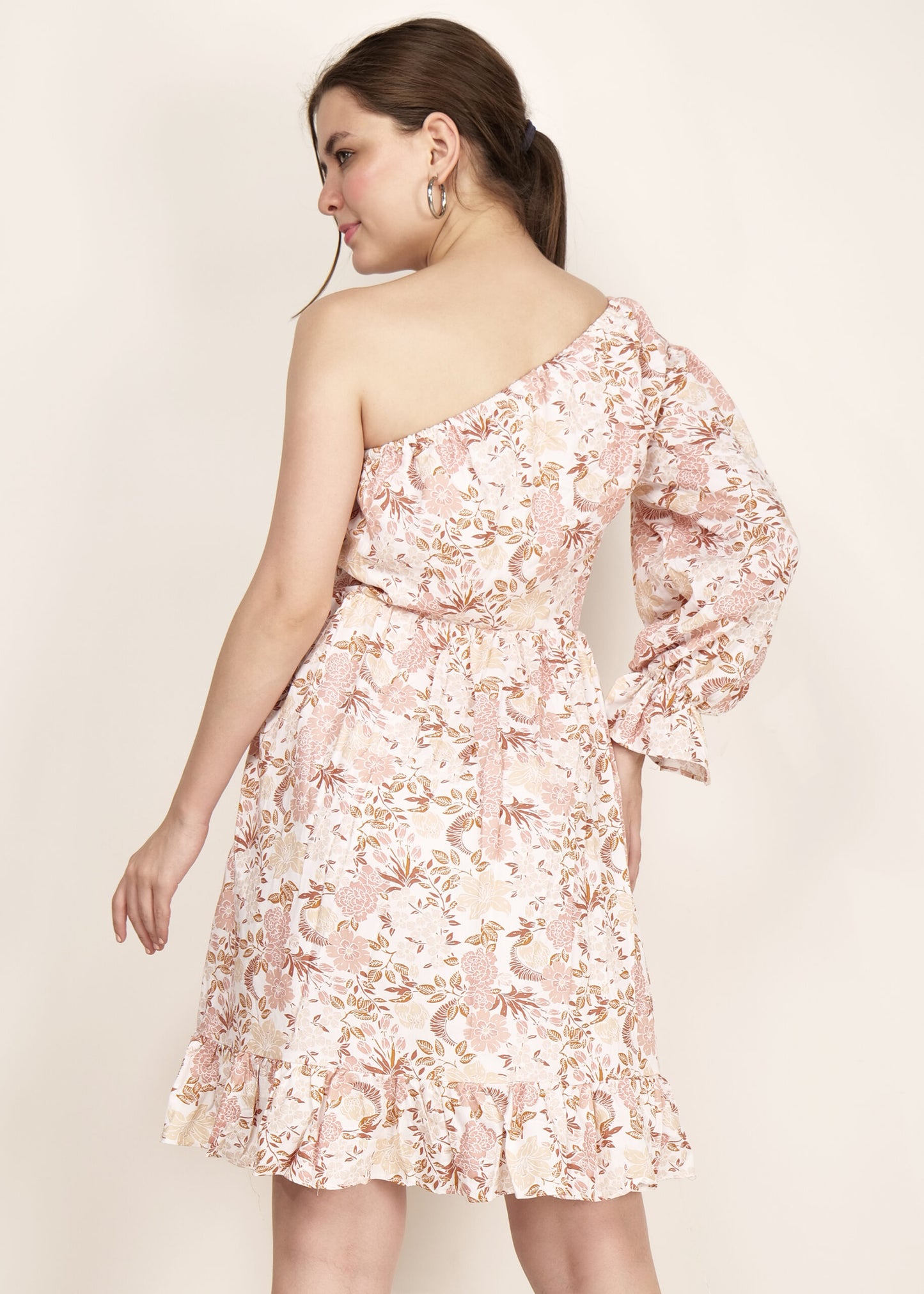 Ivory Breeze One-Shoulder Short Dress with Long Balloon Sleeves