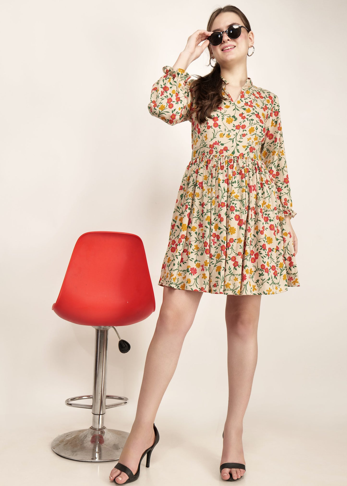 Beige Blossoms Short Collared Dress with Long Balloon Sleeves