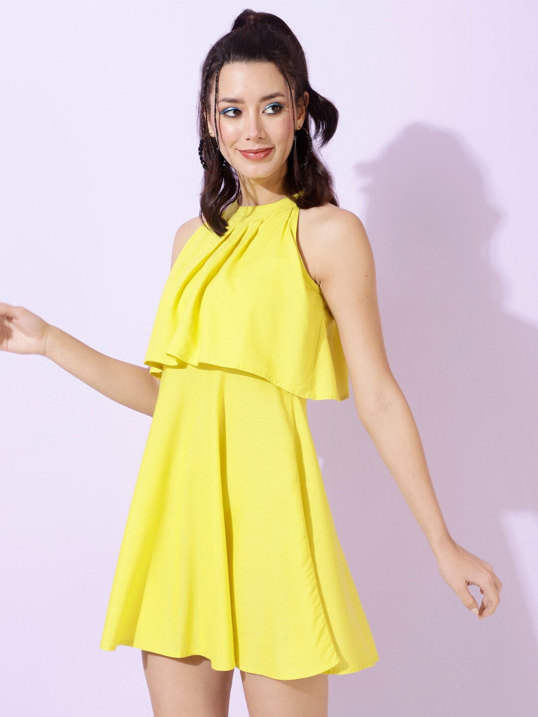 Yellow Solid Halter Neck Mini Dress