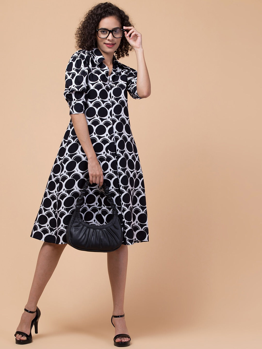 Radiant Reverie Woven Knee-Length Dress with Flared Hemline