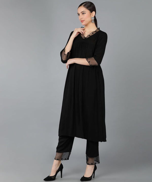 Black Solid A-Line Kurta Pant Set