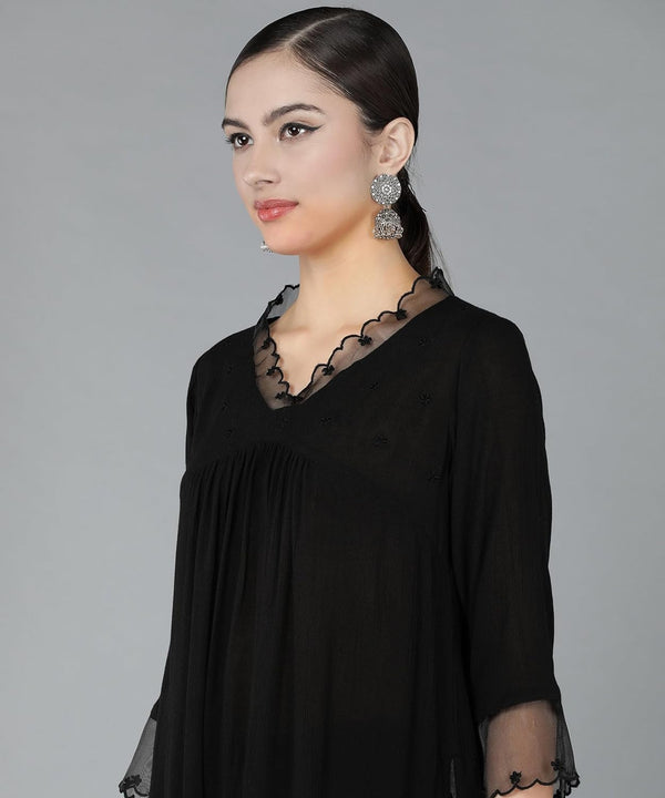 Black Solid A-Line Kurta Pant Set