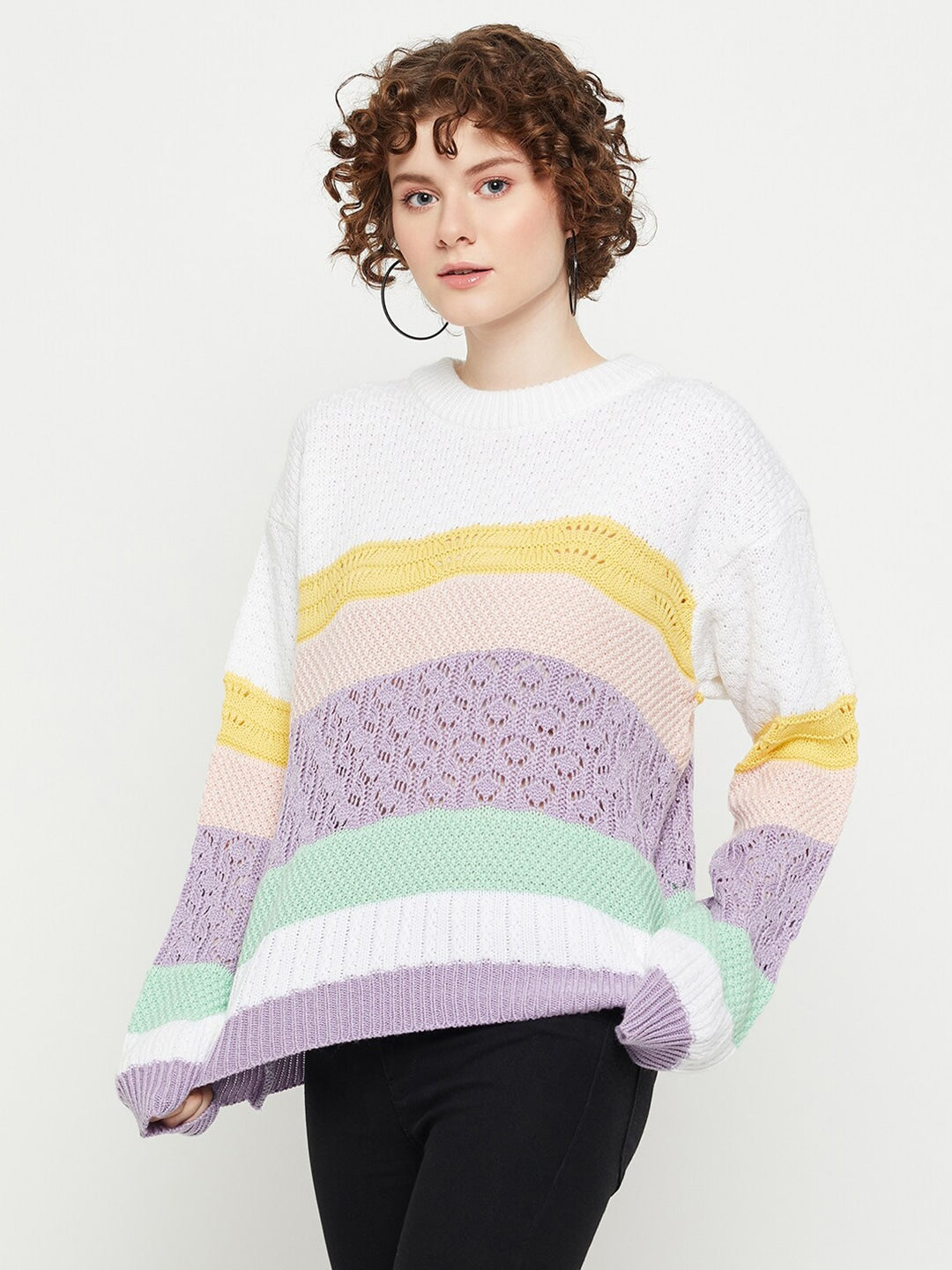 Women Round Neck Full Sleeves Open Knit Sweater