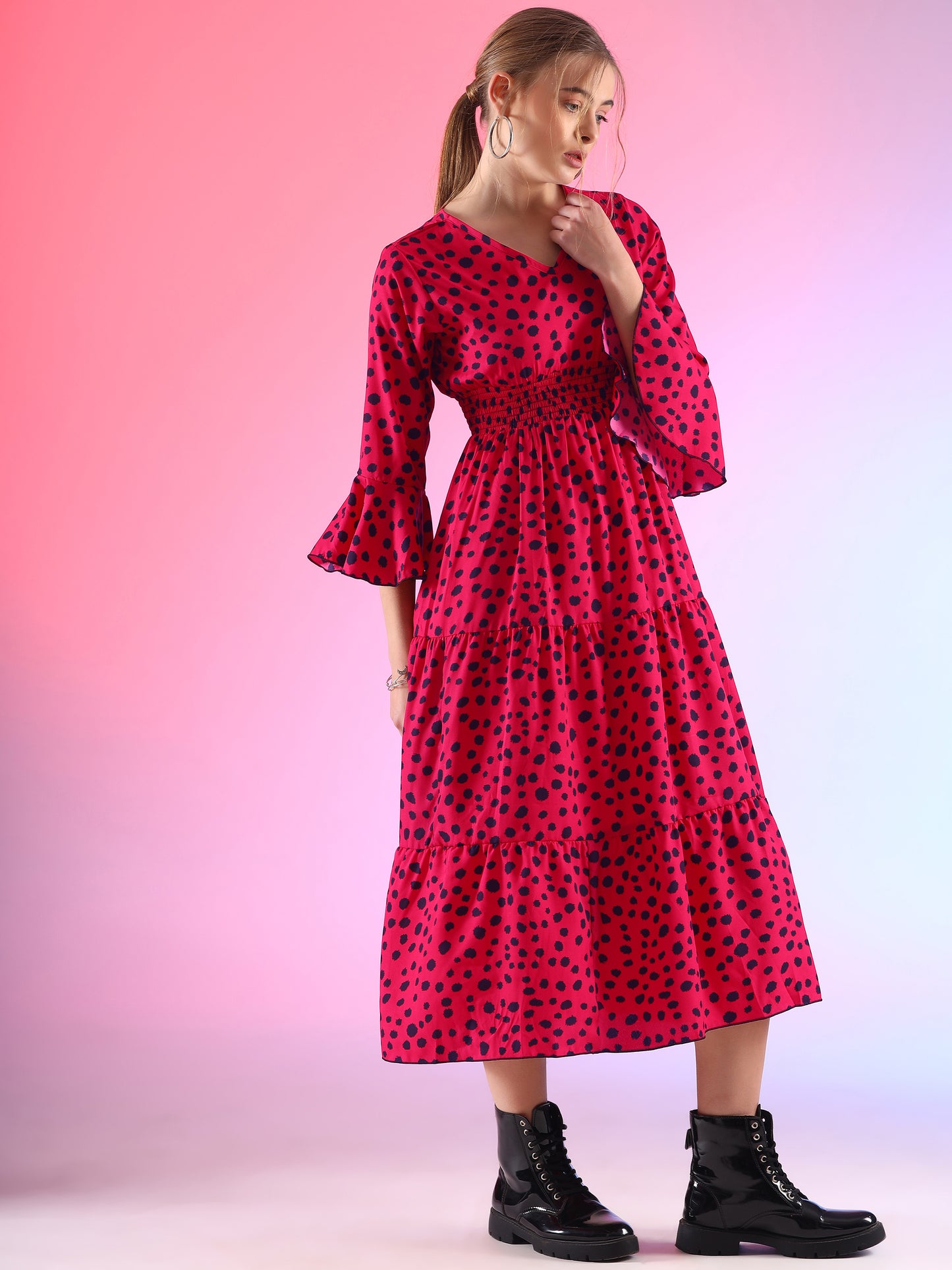 Scarlet Serenade A-Line V-Neck Red Crepe Dress