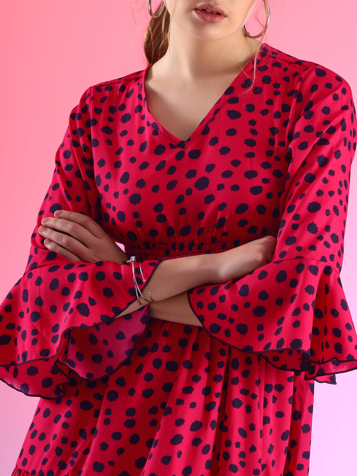 Scarlet Serenade A-Line V-Neck Red Crepe Dress