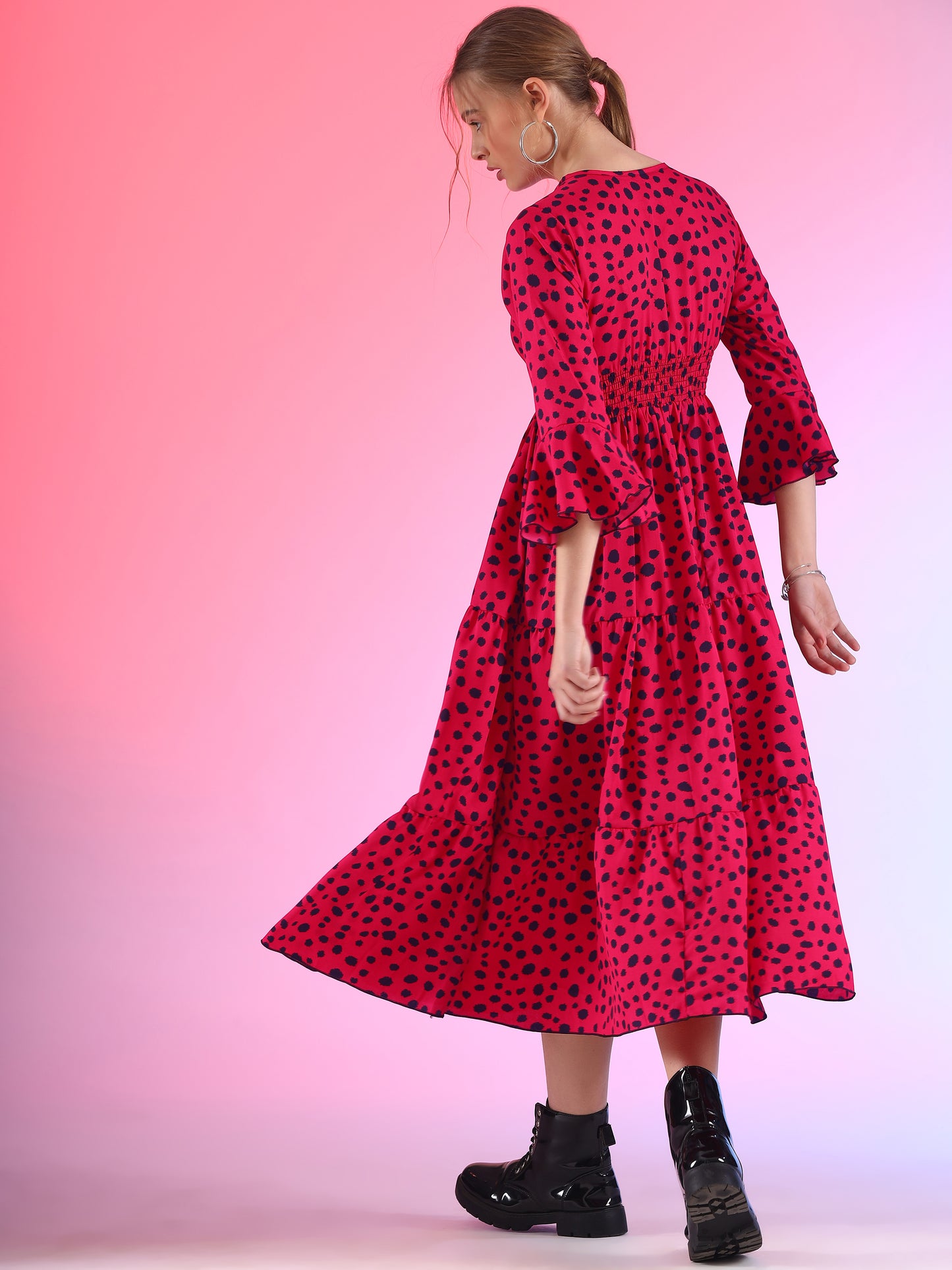 Scarlet Serenade A-Line V-Neck Red Crepe Dress