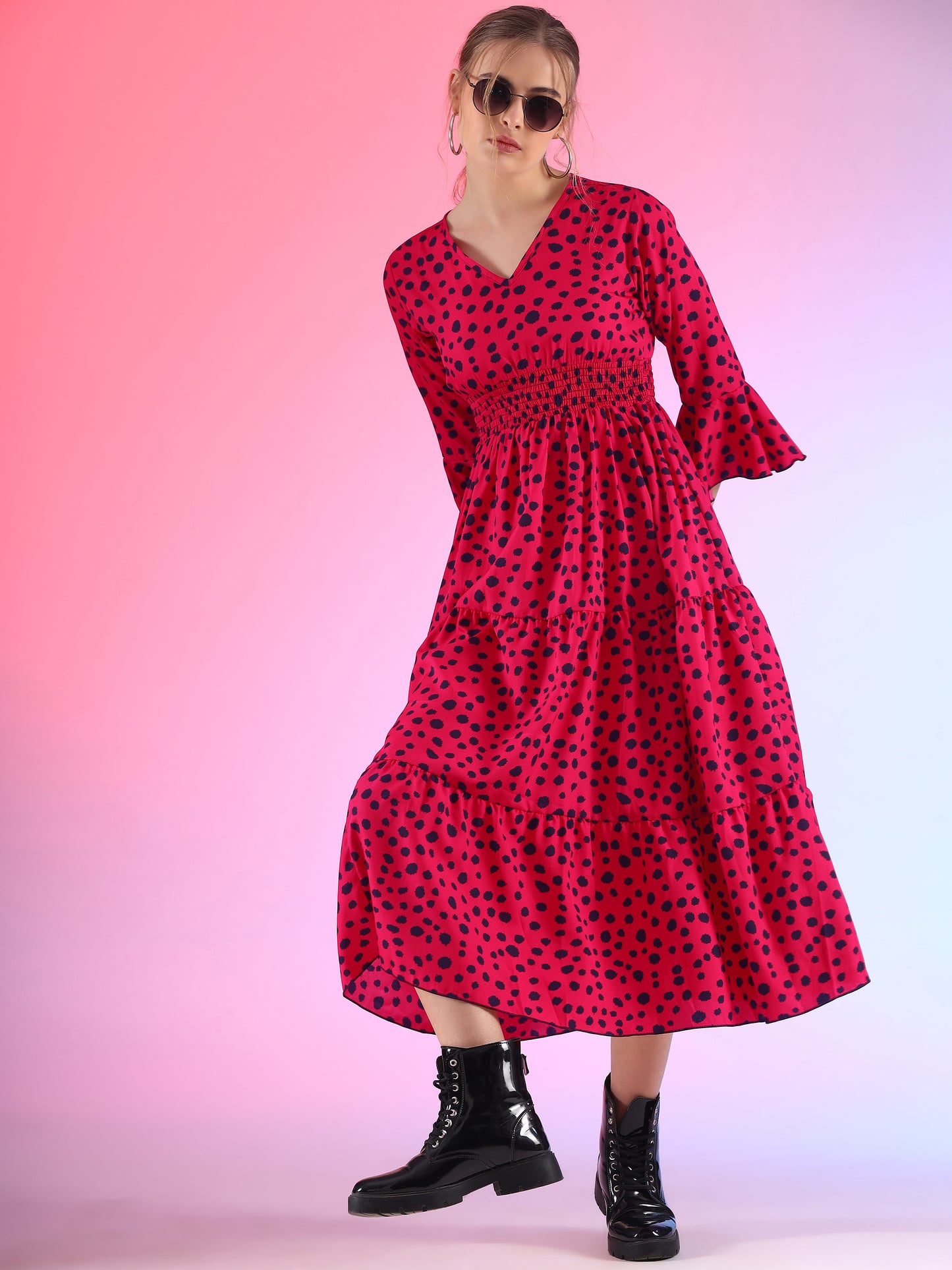 Scarlet Serenade A-Line V-Neck Red Crepe Dress