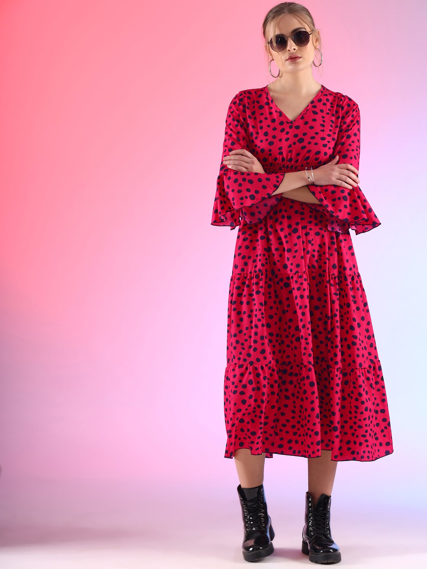 Scarlet Serenade A-Line V-Neck Red Crepe Dress