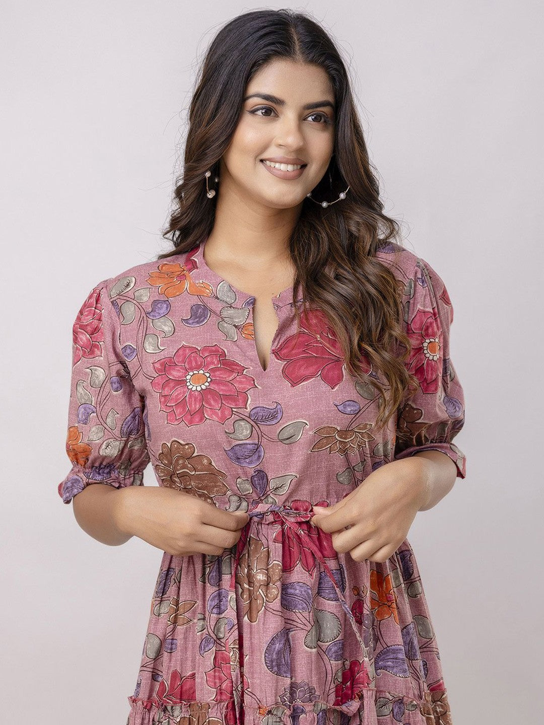 Pink Floral Fit and Flare Midi Dress