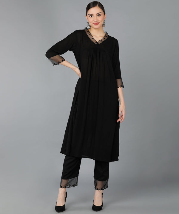 Black Solid A-Line Kurta Pant Set