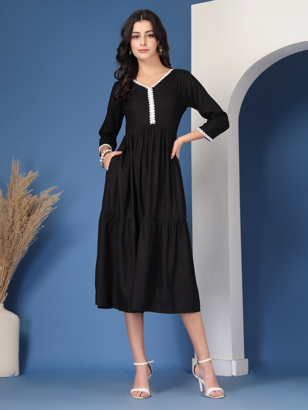 Classic Black Solid Midi Dress by Wyshlist