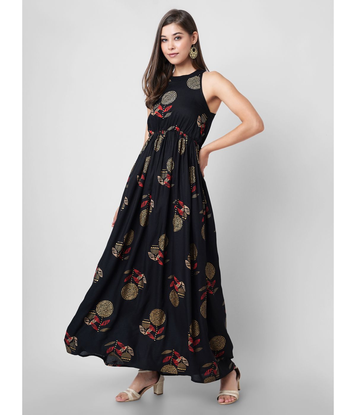 Black Printed Halter Neck Maxi Dress