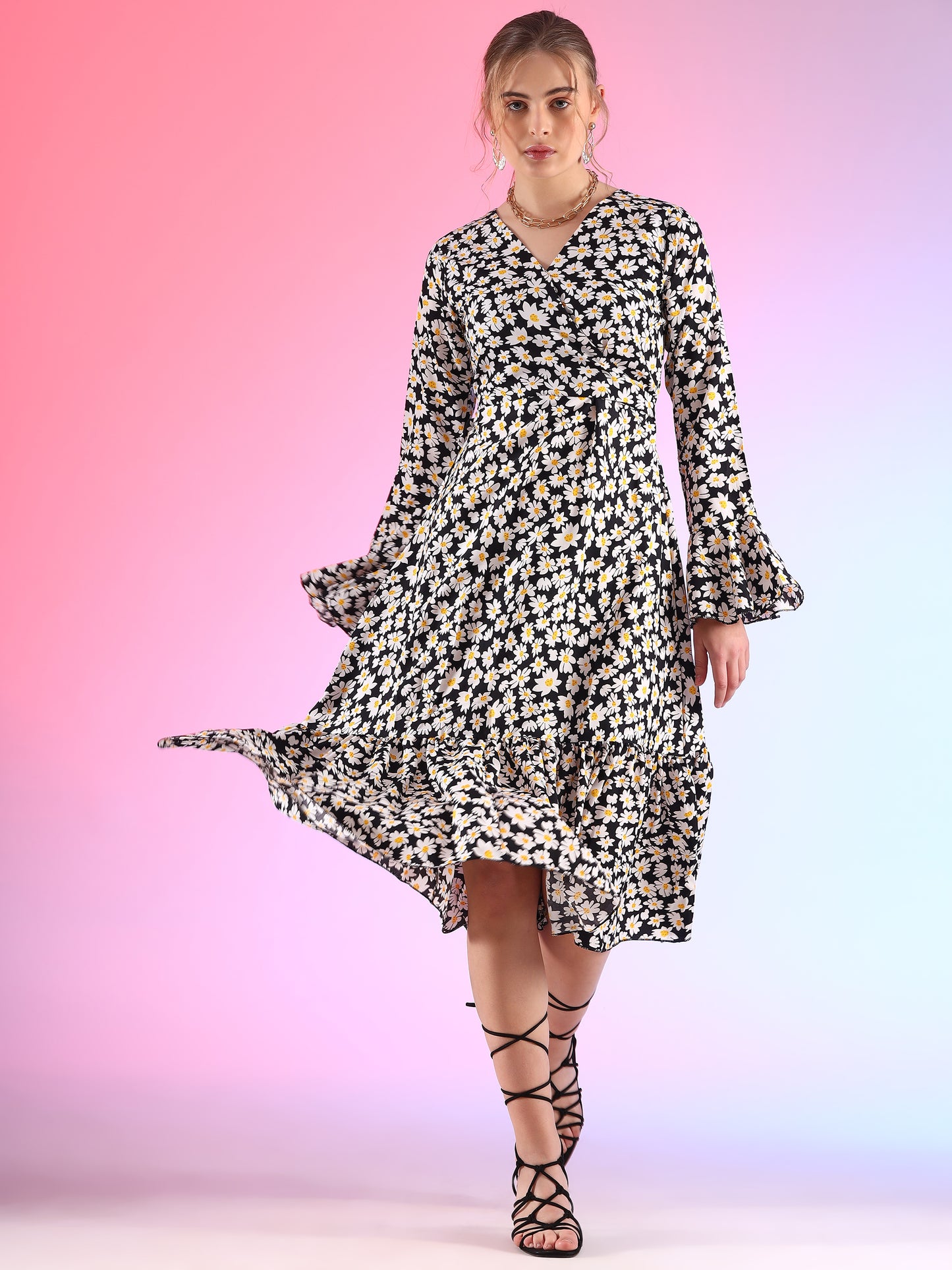 Noir Nymph Midi Length Flared Black Crepe Dress