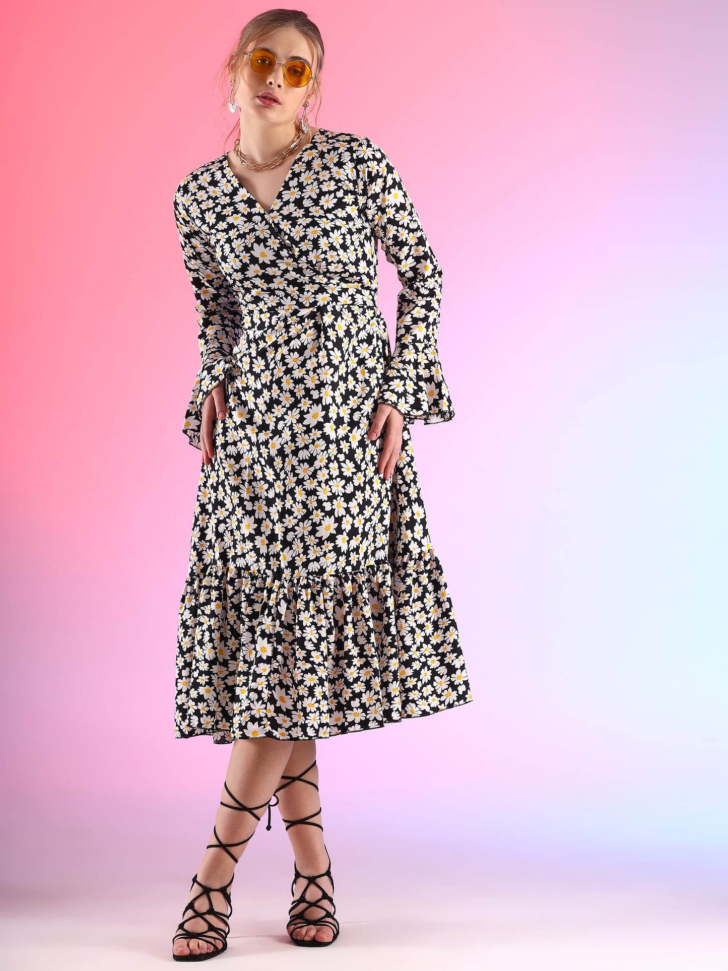 Noir Nymph Midi Length Flared Black Crepe Dress