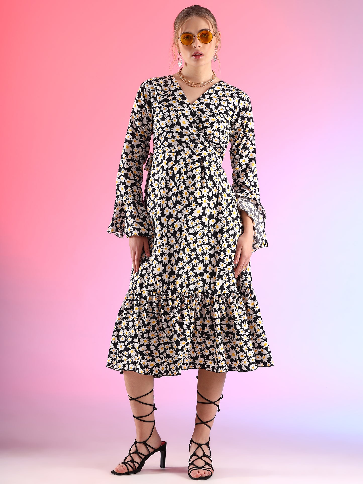 Noir Nymph Midi Length Flared Black Crepe Dress
