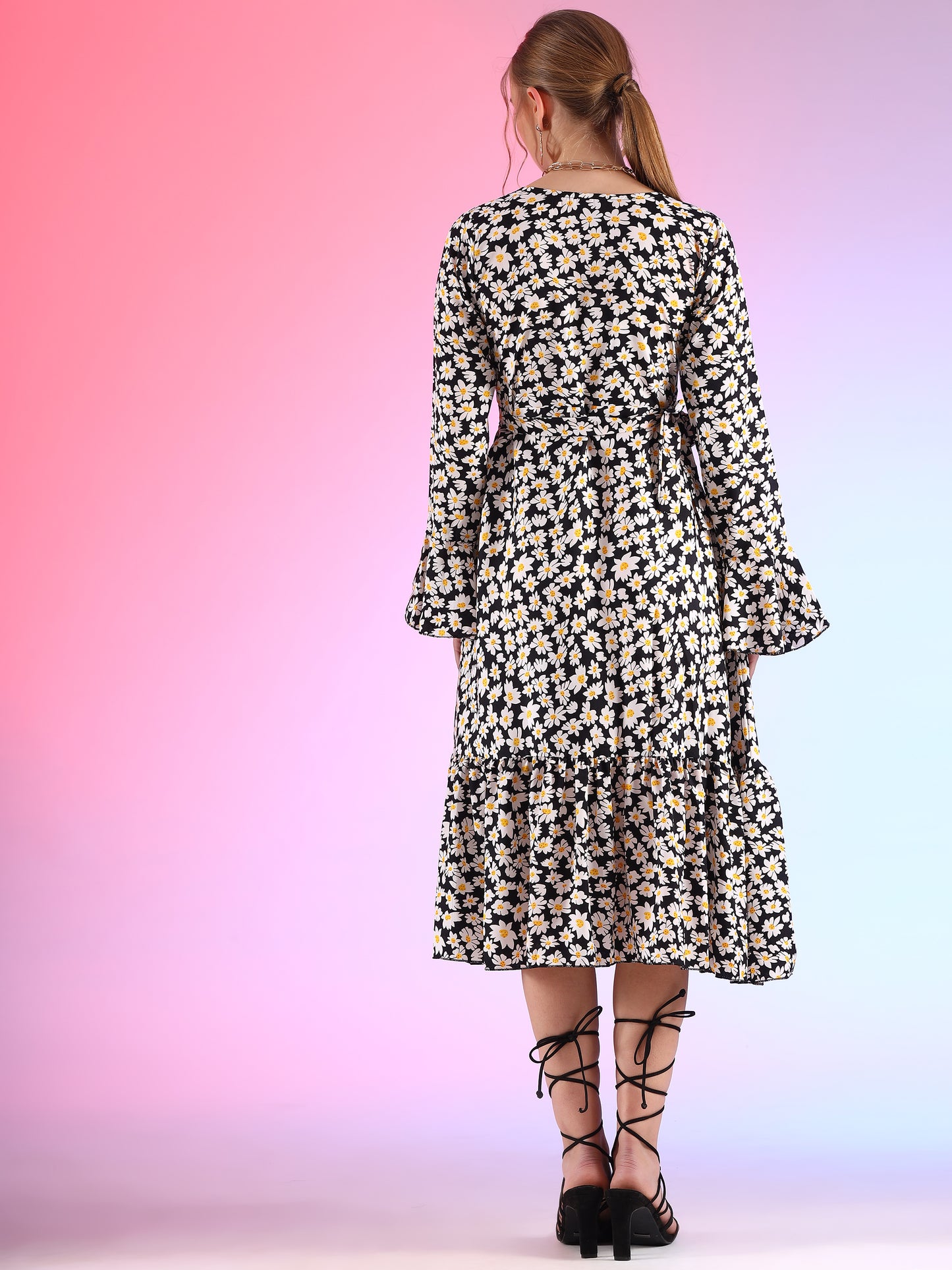 Noir Nymph Midi Length Flared Black Crepe Dress