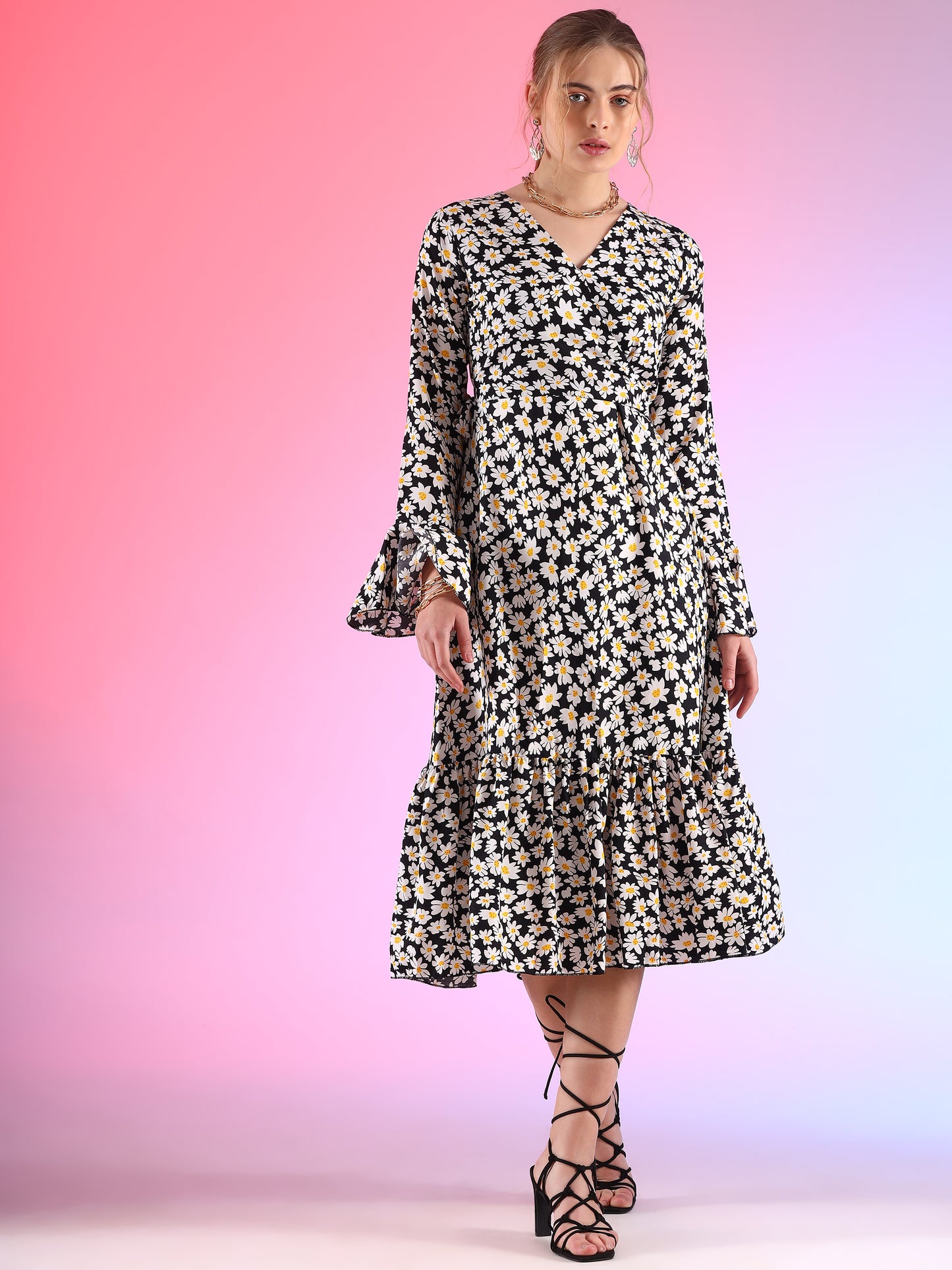 Noir Nymph Midi Length Flared Black Crepe Dress