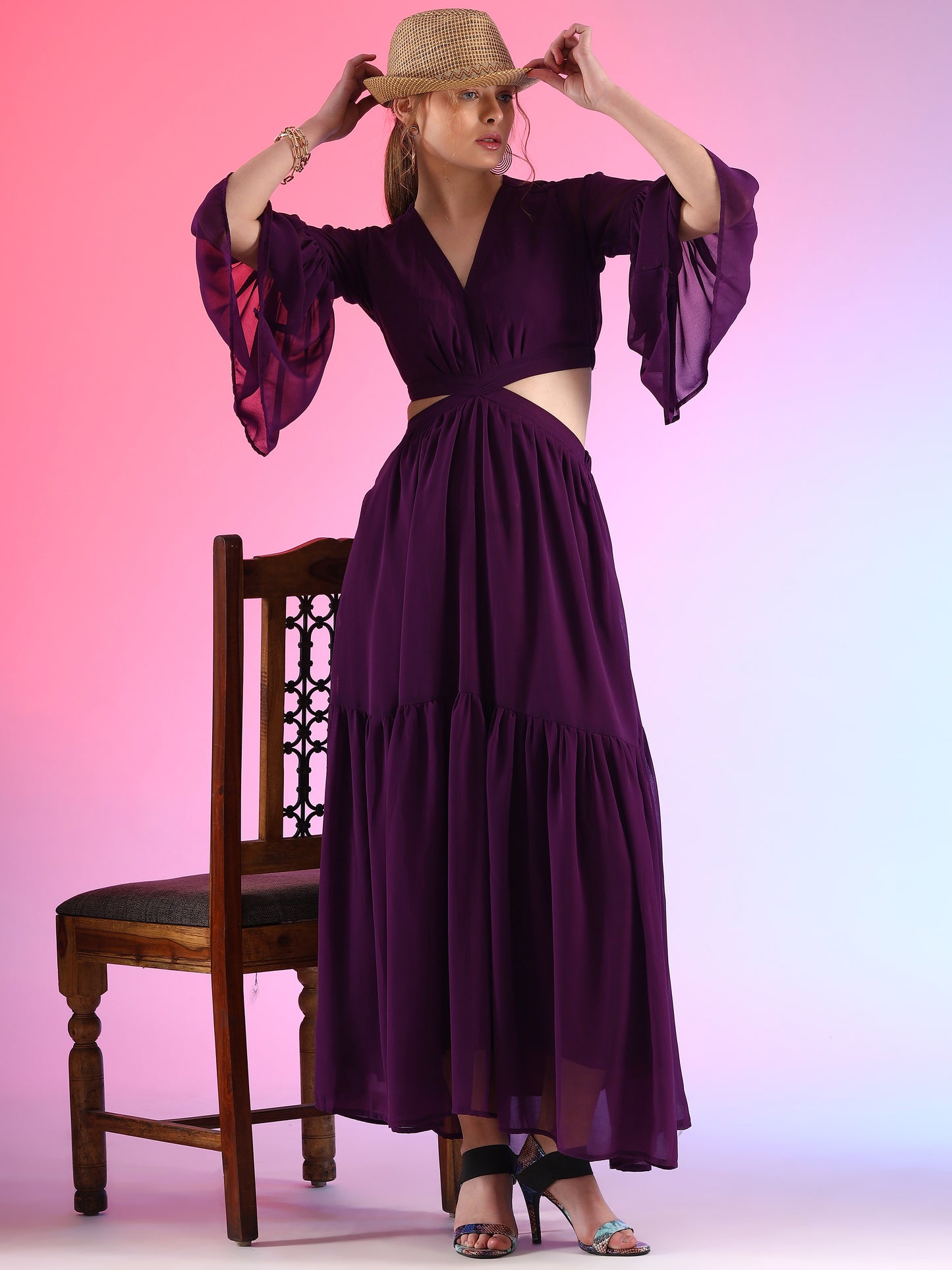 Regal Grape V-Neck Flared Georgette Dress