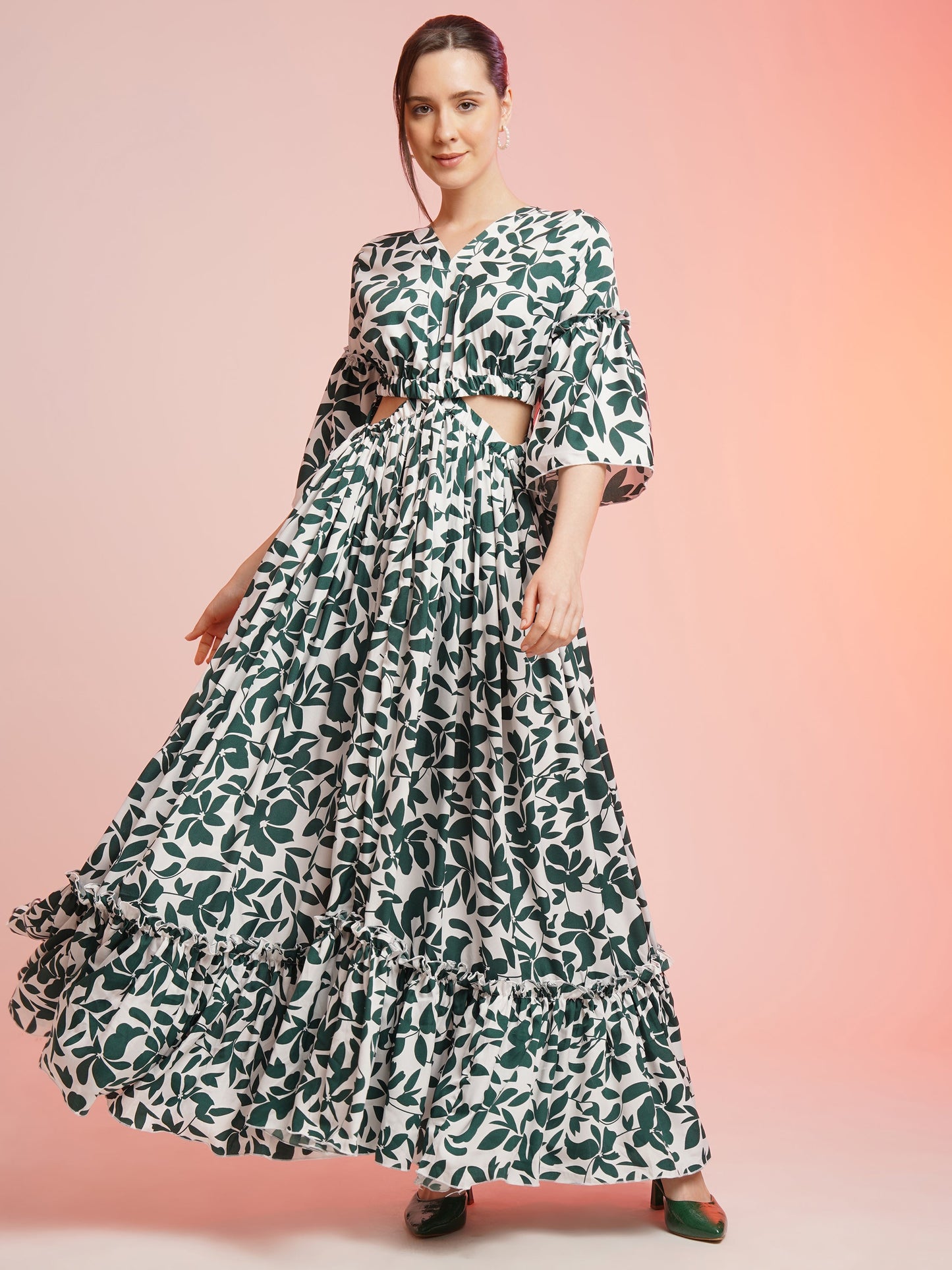 Elegant Leafy Green Fit and Flare Dress