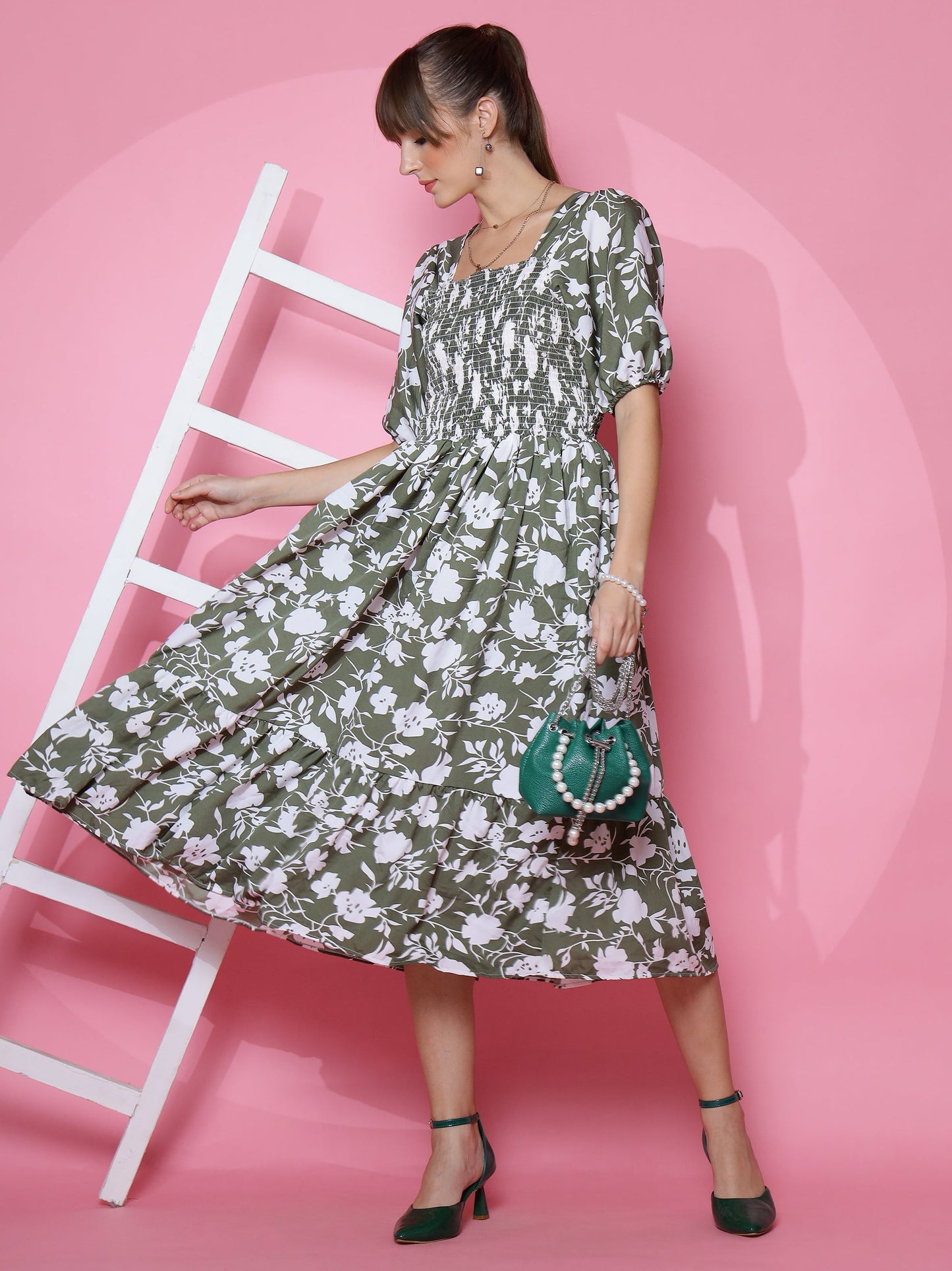 Green A-Line Midi Dress