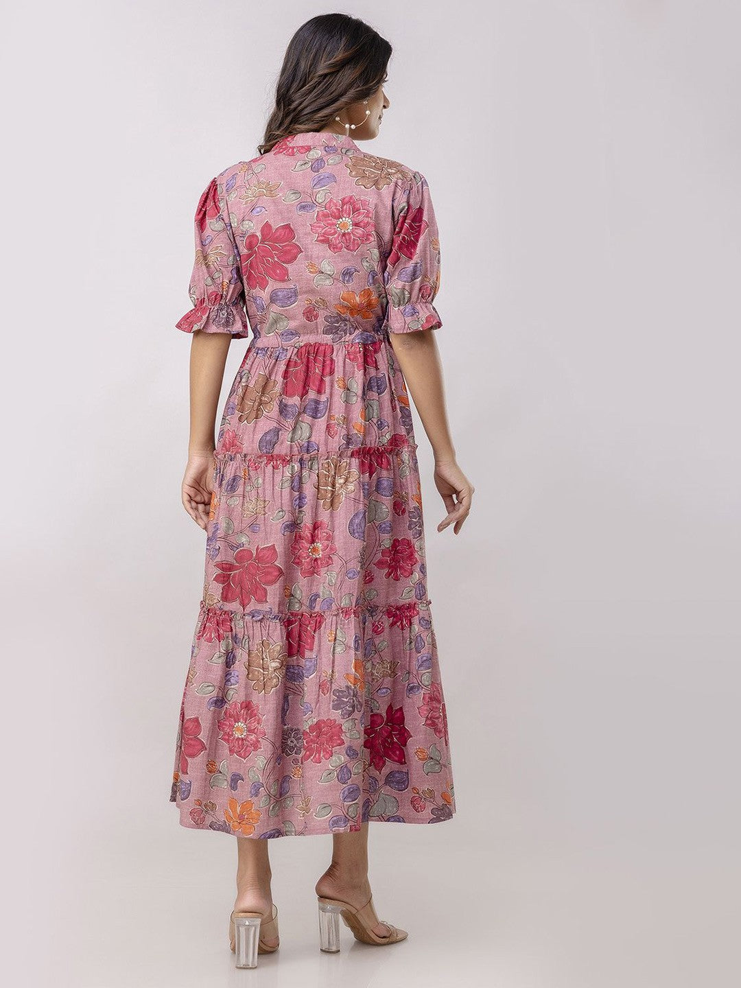 Pink Floral Fit and Flare Midi Dress