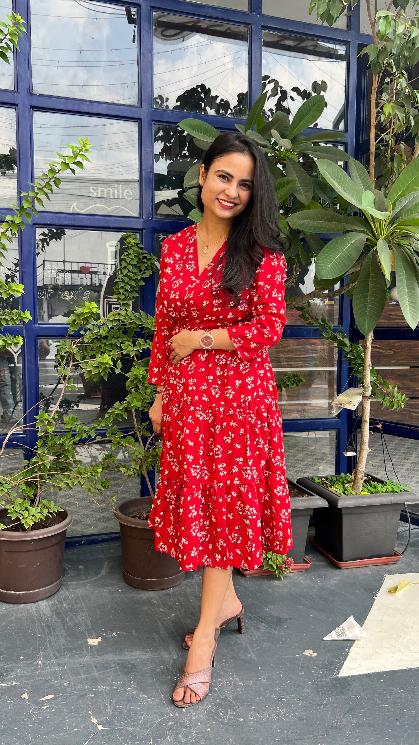 Red & White Floral Printed Midi Dress