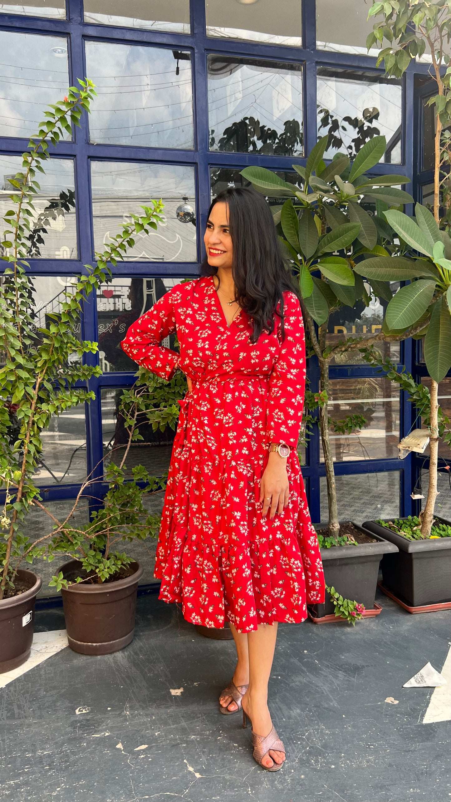 Red & White Floral Printed Midi Dress