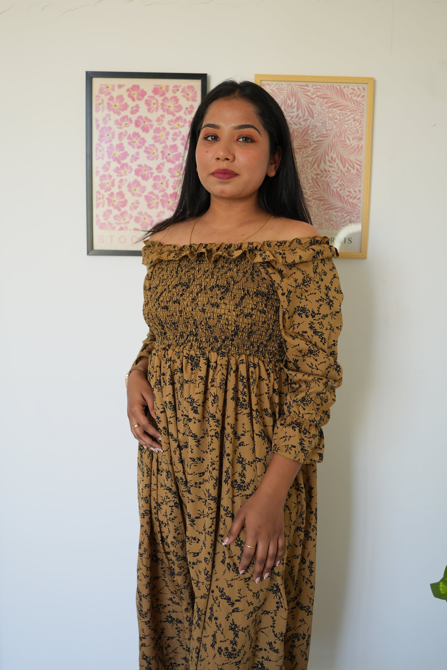 Printed Brown Crepe Maxi Gown