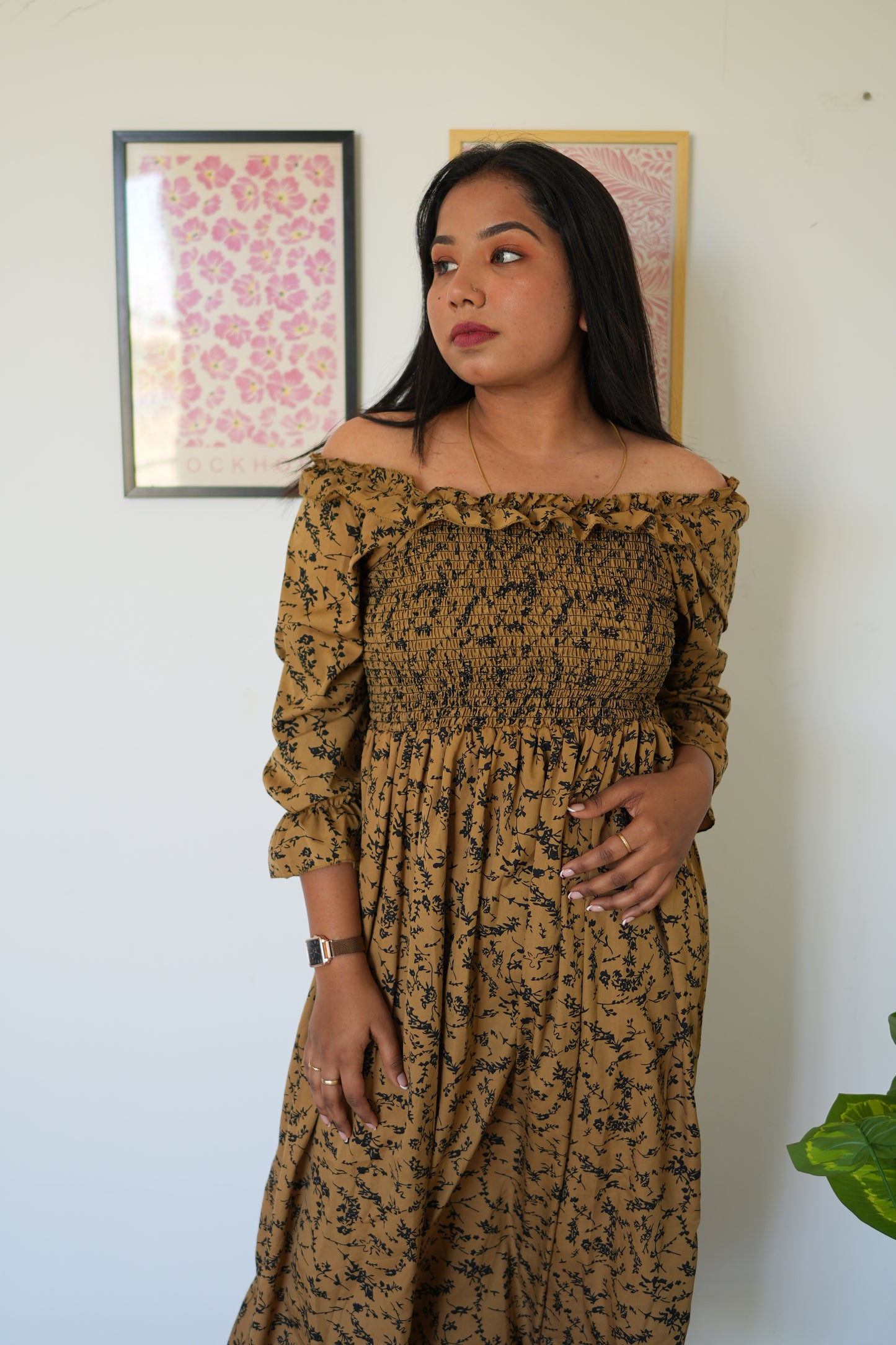 Printed Brown Crepe Maxi Gown