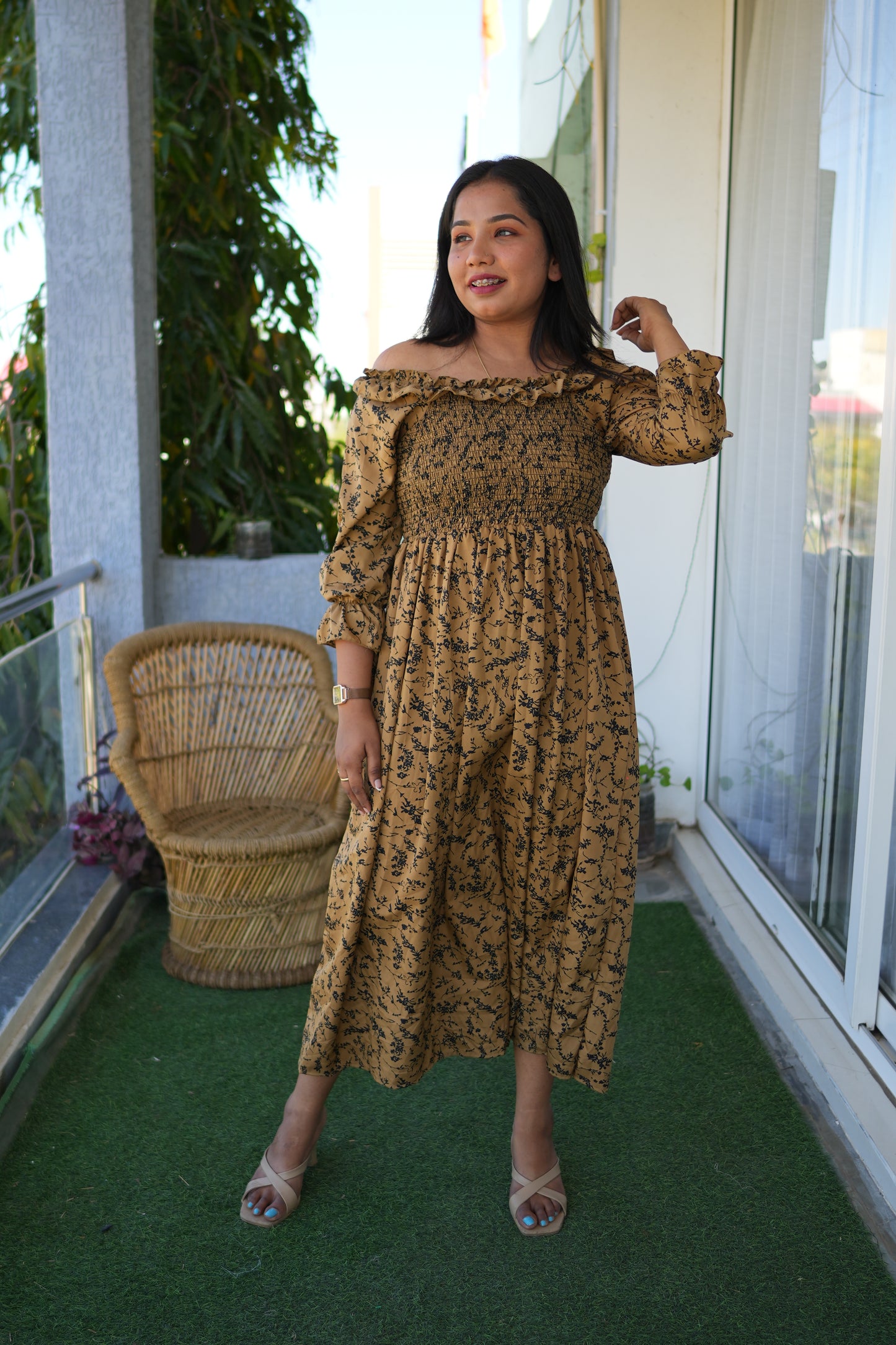 Printed Brown Crepe Maxi Gown
