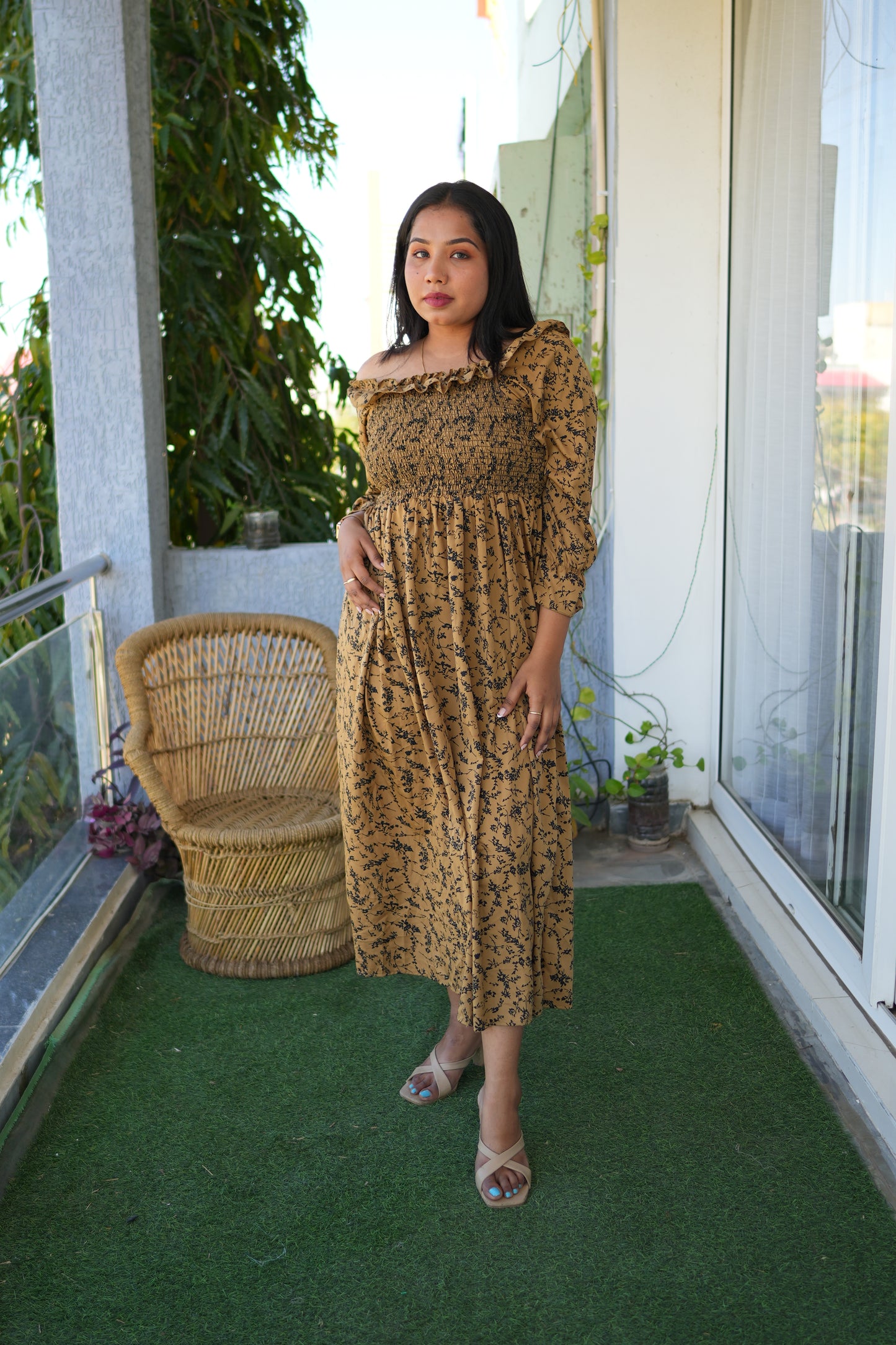 Printed Brown Crepe Maxi Gown