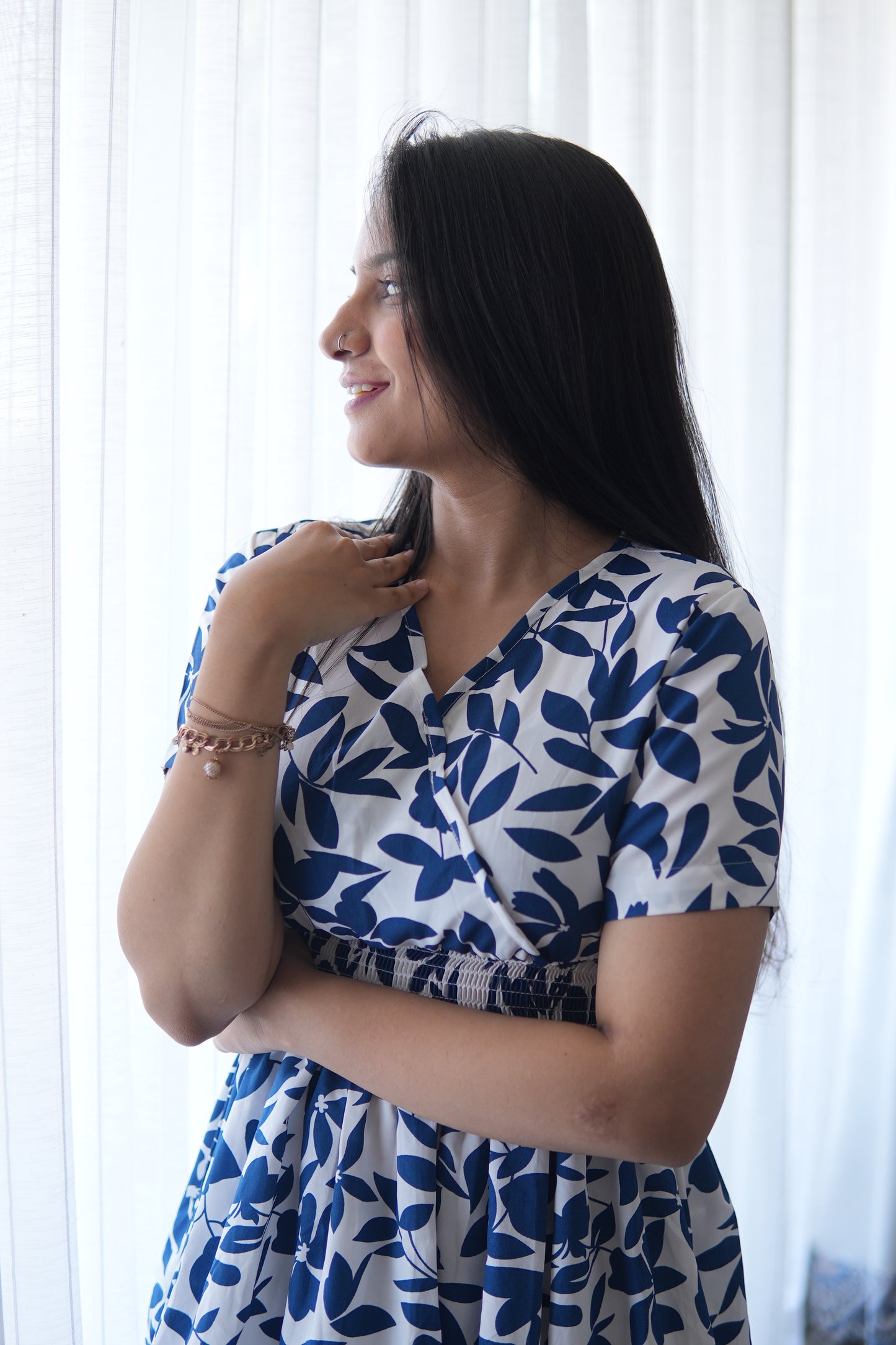 Feminine Flair Printed V-Neck Dress